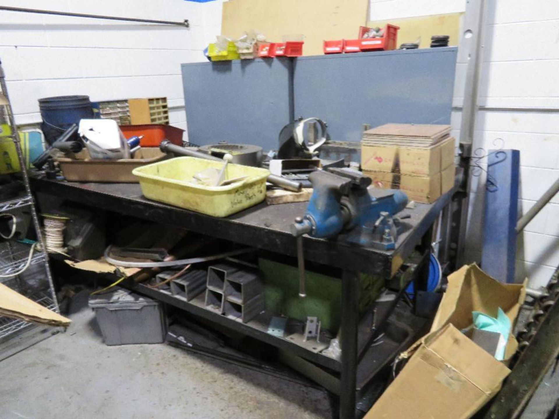 LOT: 48 in. x 96 in. Steel Table with Vise & Shelving Units with Contents of Conveyor Parts, Bearing - Image 3 of 3