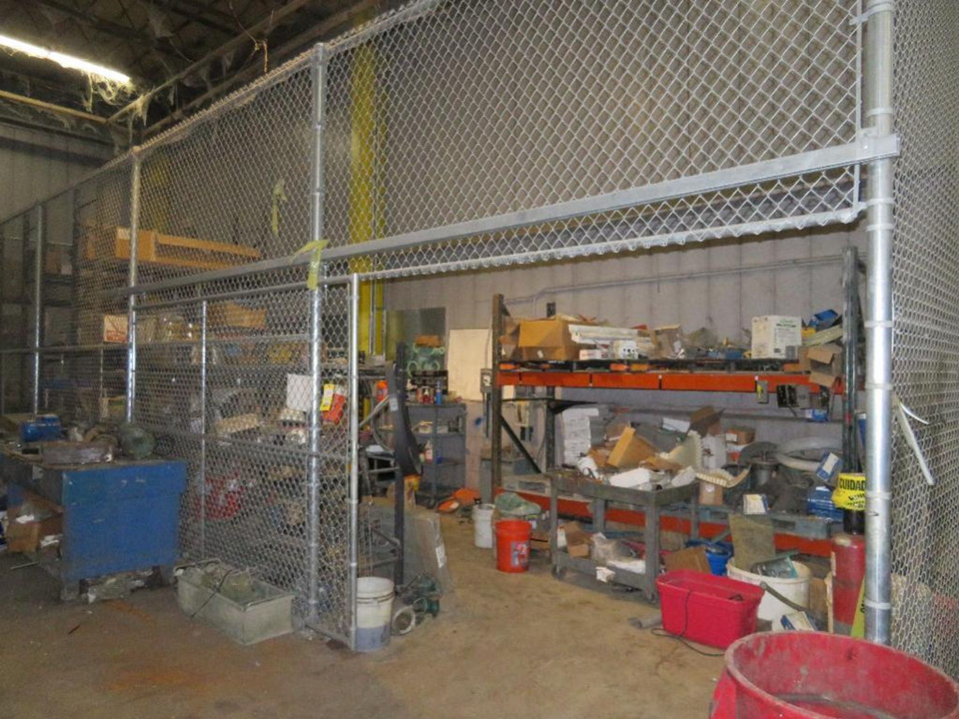 LOT: Contents of Maintenance Cage including: (6) Sections Pallet Rack & Assorted Electric Motors, Pu