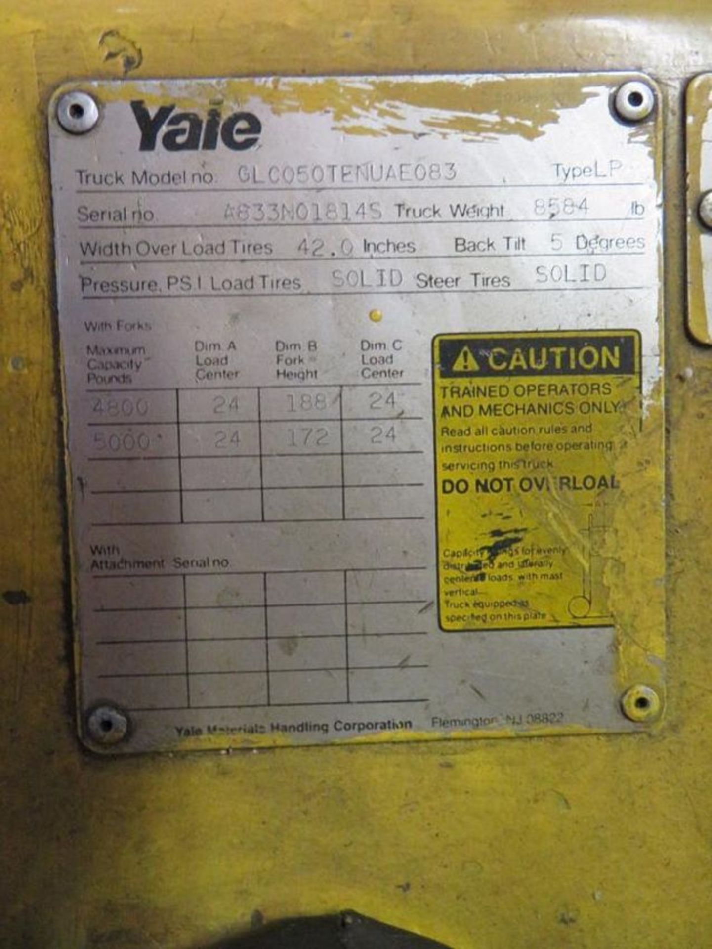 Yale 5000 lb. LP Forklift Model GLC050TENUAE083, S/N A833N018145, Overhead Guard, 188 in. Lift of 3- - Image 5 of 5