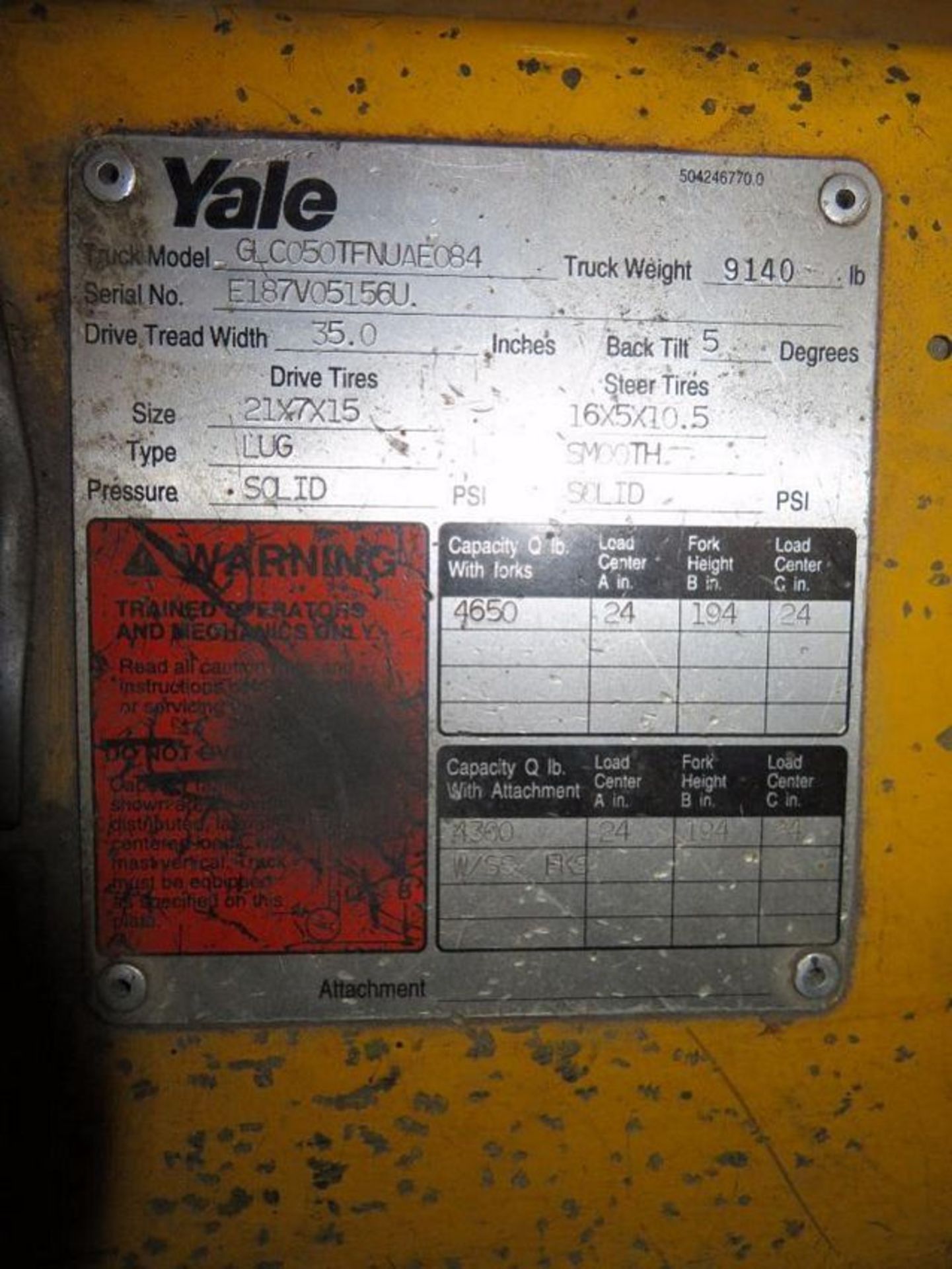 Yale 5000 lb. LP Forklift Model GLC050TFNU8E084, S/N EI87V05156U, Overhead Guard, Solid Tires, 194 i - Image 3 of 4