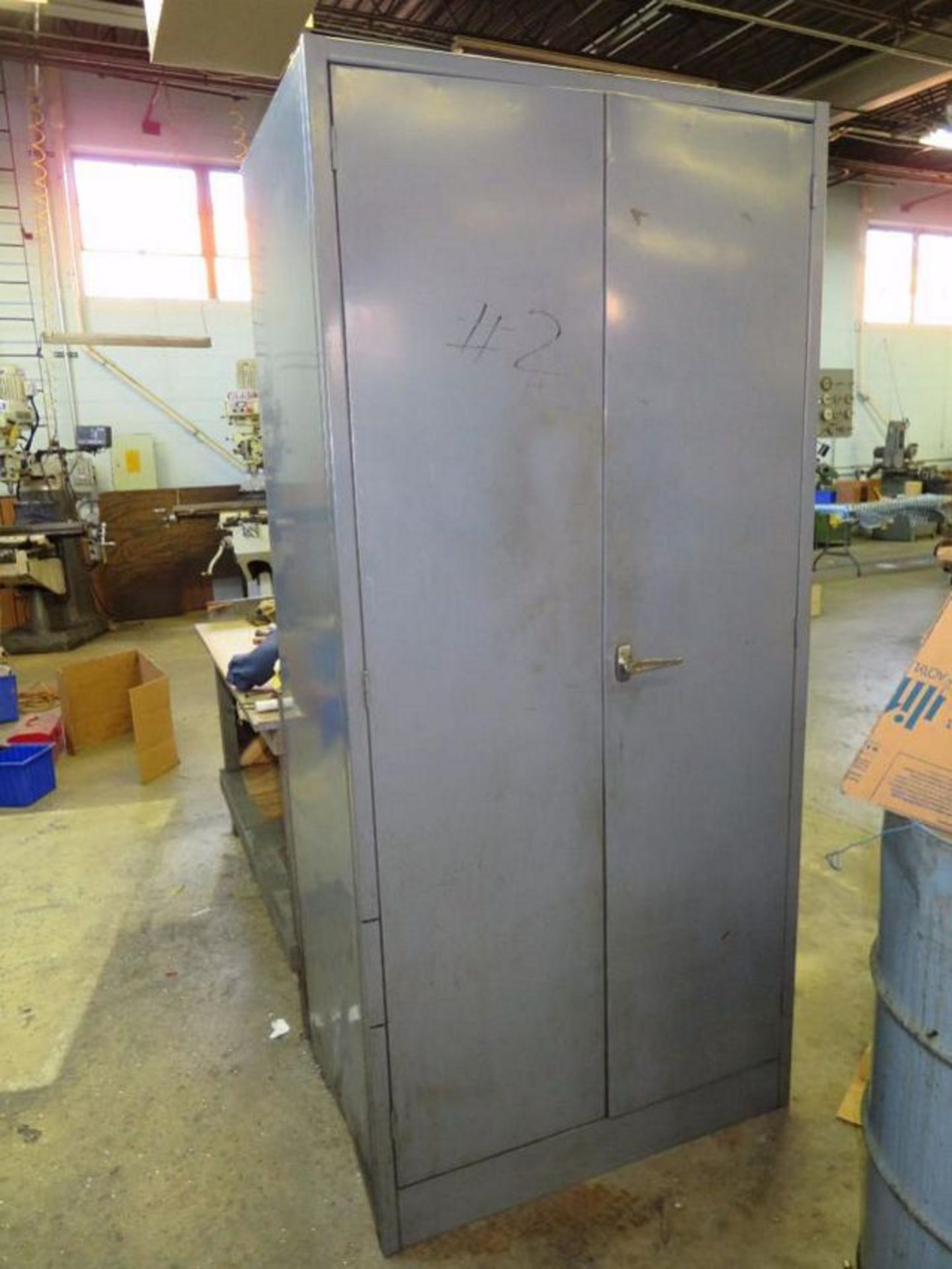LOT: Steel Cabinet & Work Bench with Contents of Chuck & Vise Jaws (Building #2)