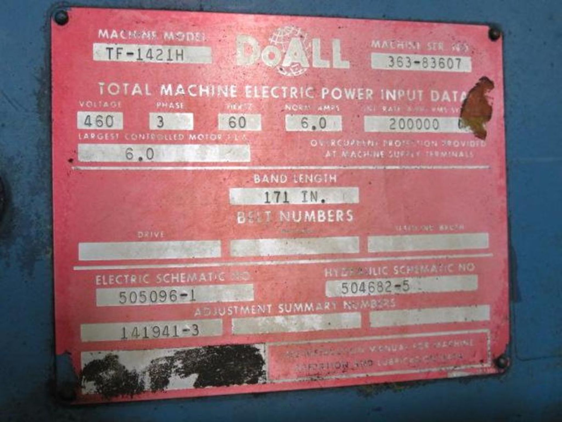 DoAll 14 in. x 21 in. Tilt Frame Vertical Hydraulic Band Saw Model TF-1421H, S/N 363-83607, with - Image 4 of 4