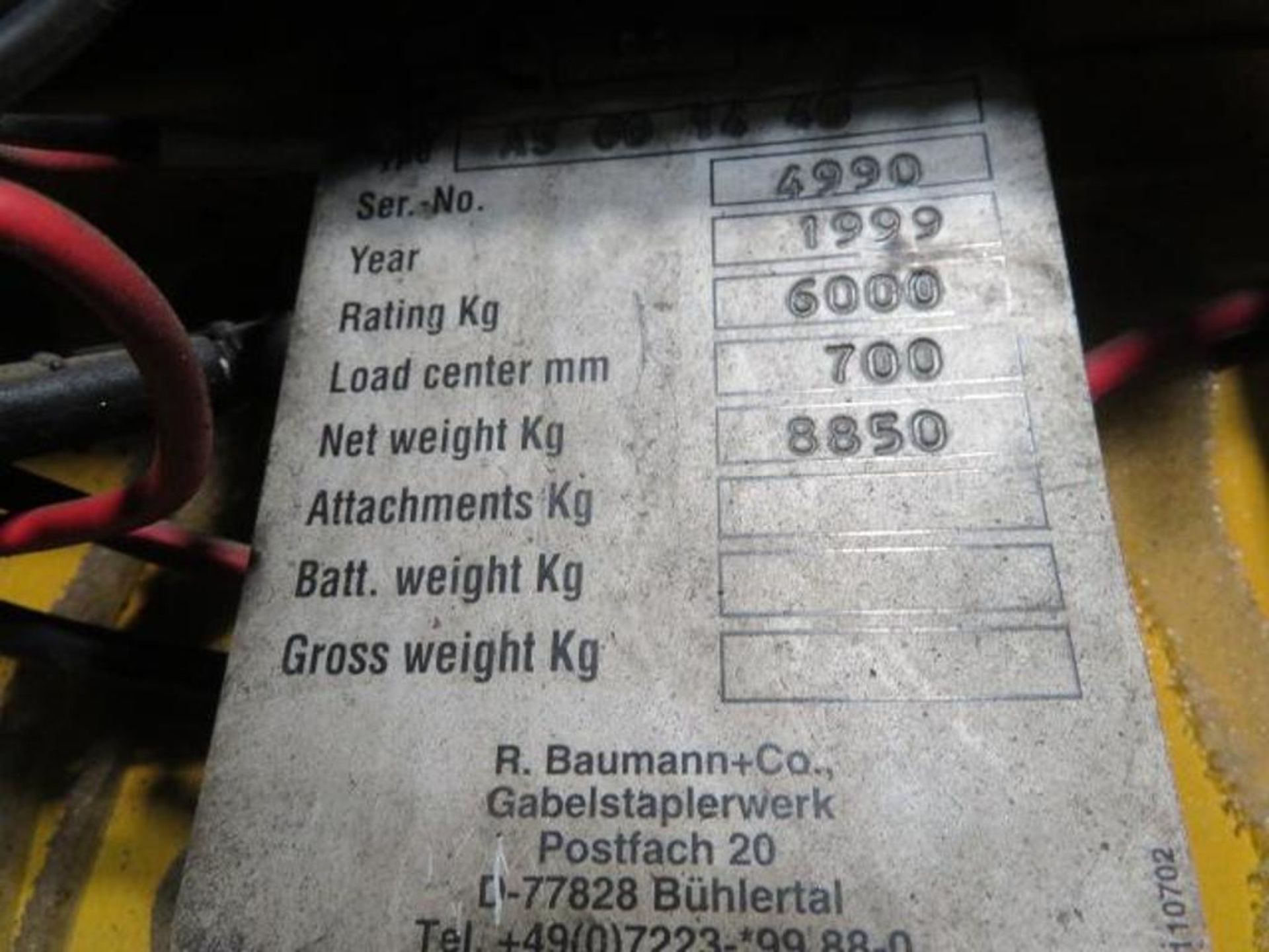 1999 Baumann 12,000 lb. Sideloader Model AS601440, S/N 4990, 4-Cylinder Perkins Diesel, 9X20 Tires - Image 7 of 7