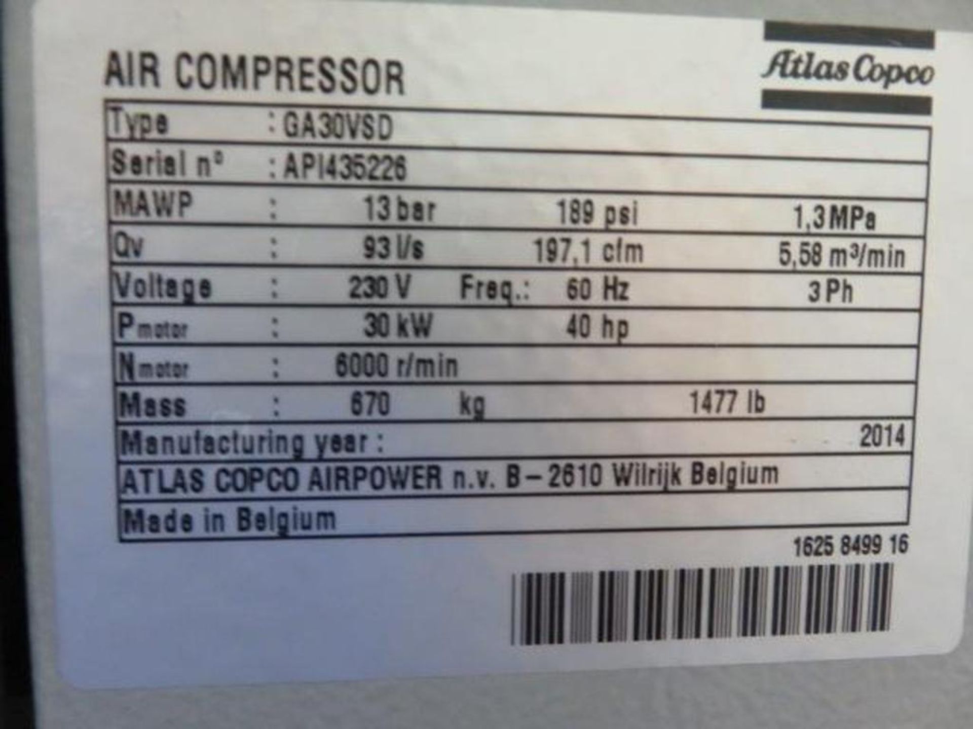 Atlas Copco 40 HP Variable Speed Drive Rotary Screw Air Compressor Model GA30VSD, S/N AP1435226 (201 - Image 3 of 3