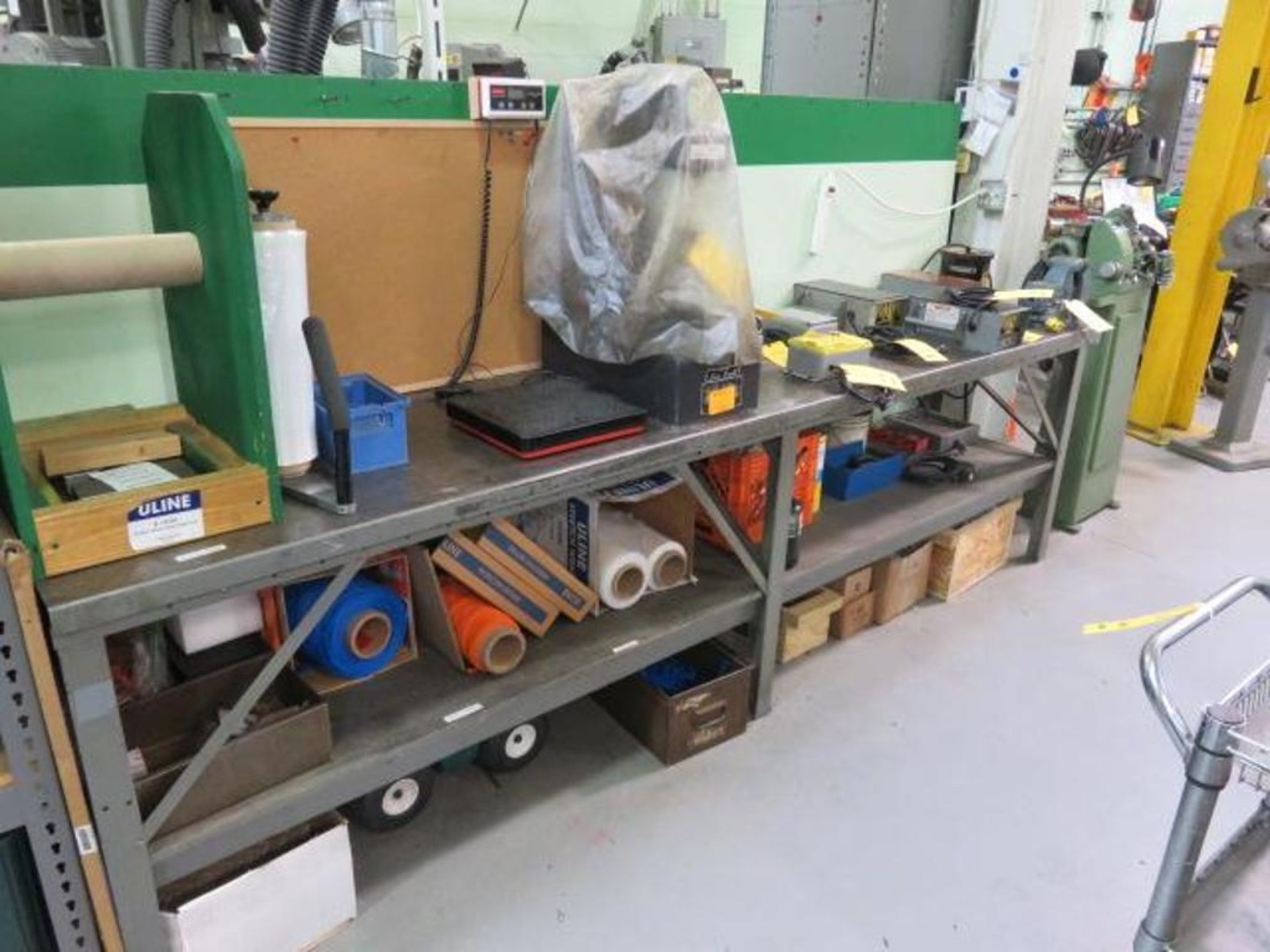 LOT: (1) 24 in. x 120 in. Long Steel Shipping Table, with 4 in. Vise, Bench Scale, Dip Pot, Shipping