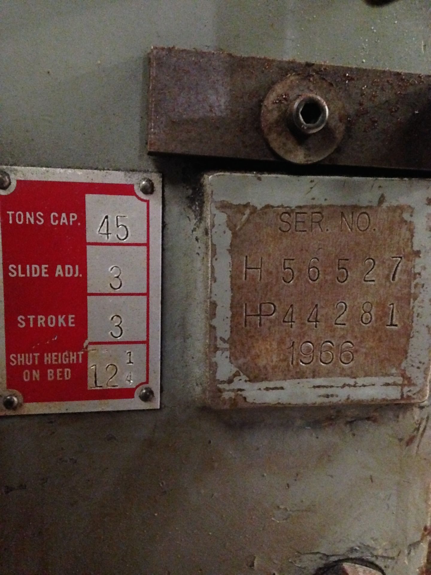 45 Ton Bliss Model C-45 OBI Press, s/n: H56527/HP44281, Year: 1966, 3" Stroke, 3" Adjustment, 12.25" - Image 2 of 4