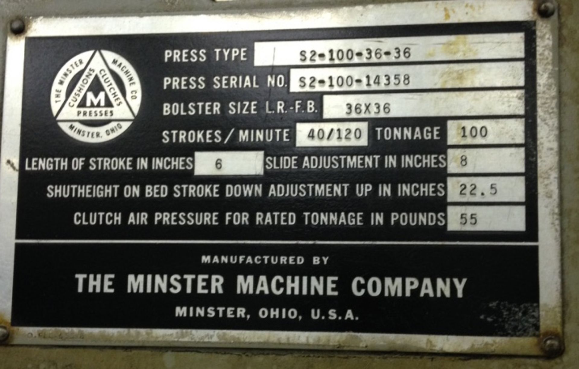 100 Ton Minster Model S2-100-36-36 Straight Side Press, s/n: 14358, Year: 1963, 6" Stroke, 22.5" - Image 7 of 7