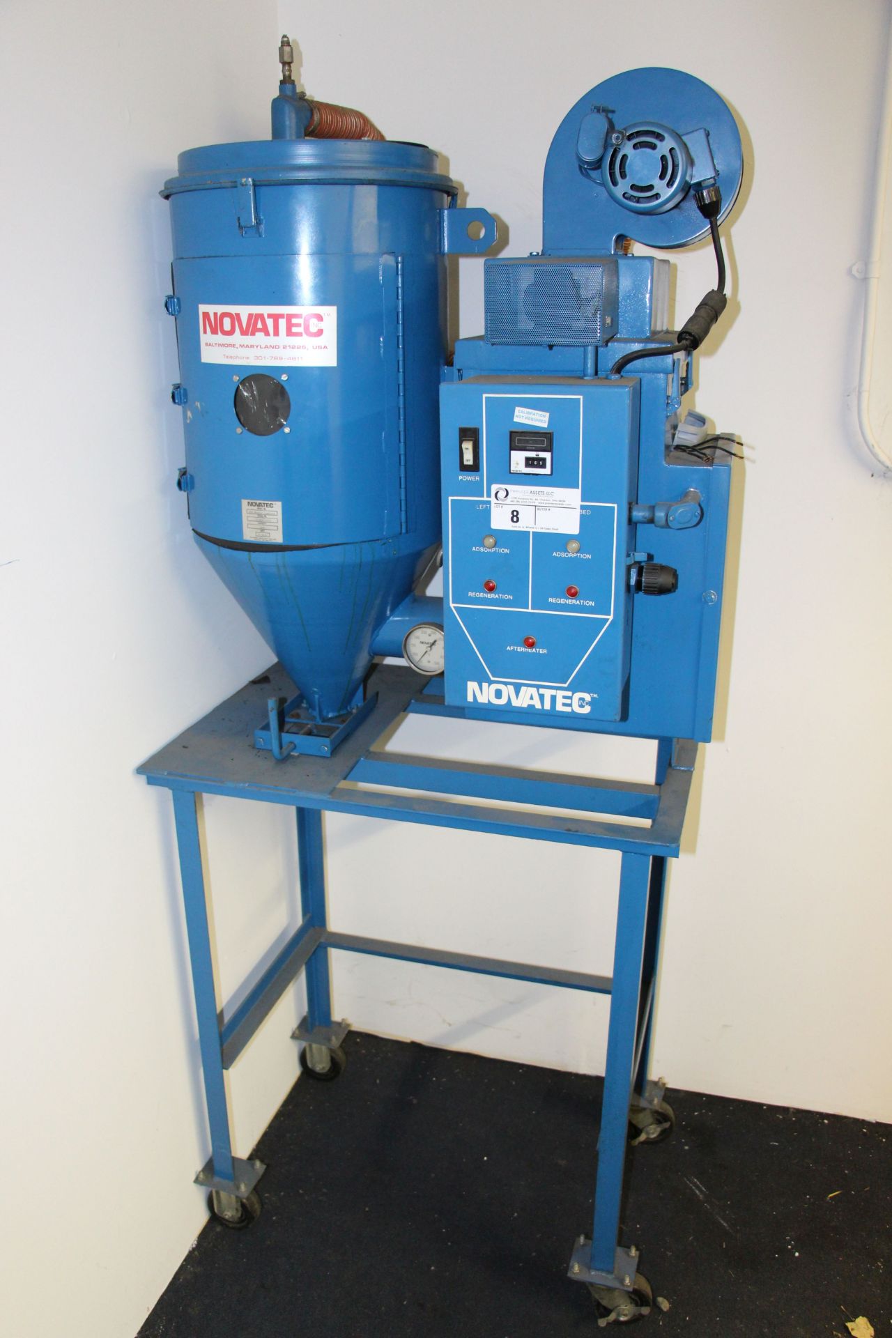 Novatec MD 15 Desicant dryer with 30 lbs. hopper on stand