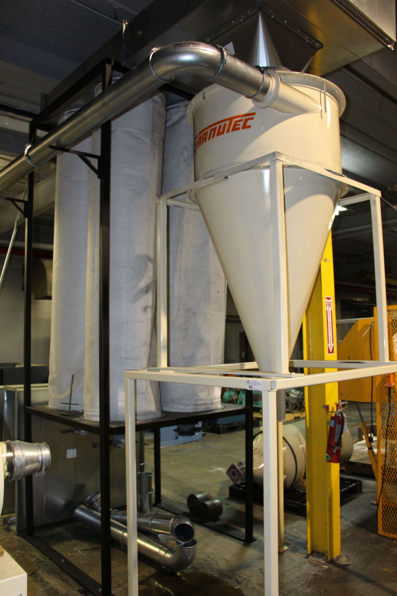 Granutec cyclone with 4 bag baghouse & duct work, new in 2015, cyclone dims, 6' x 48" on 60" tall