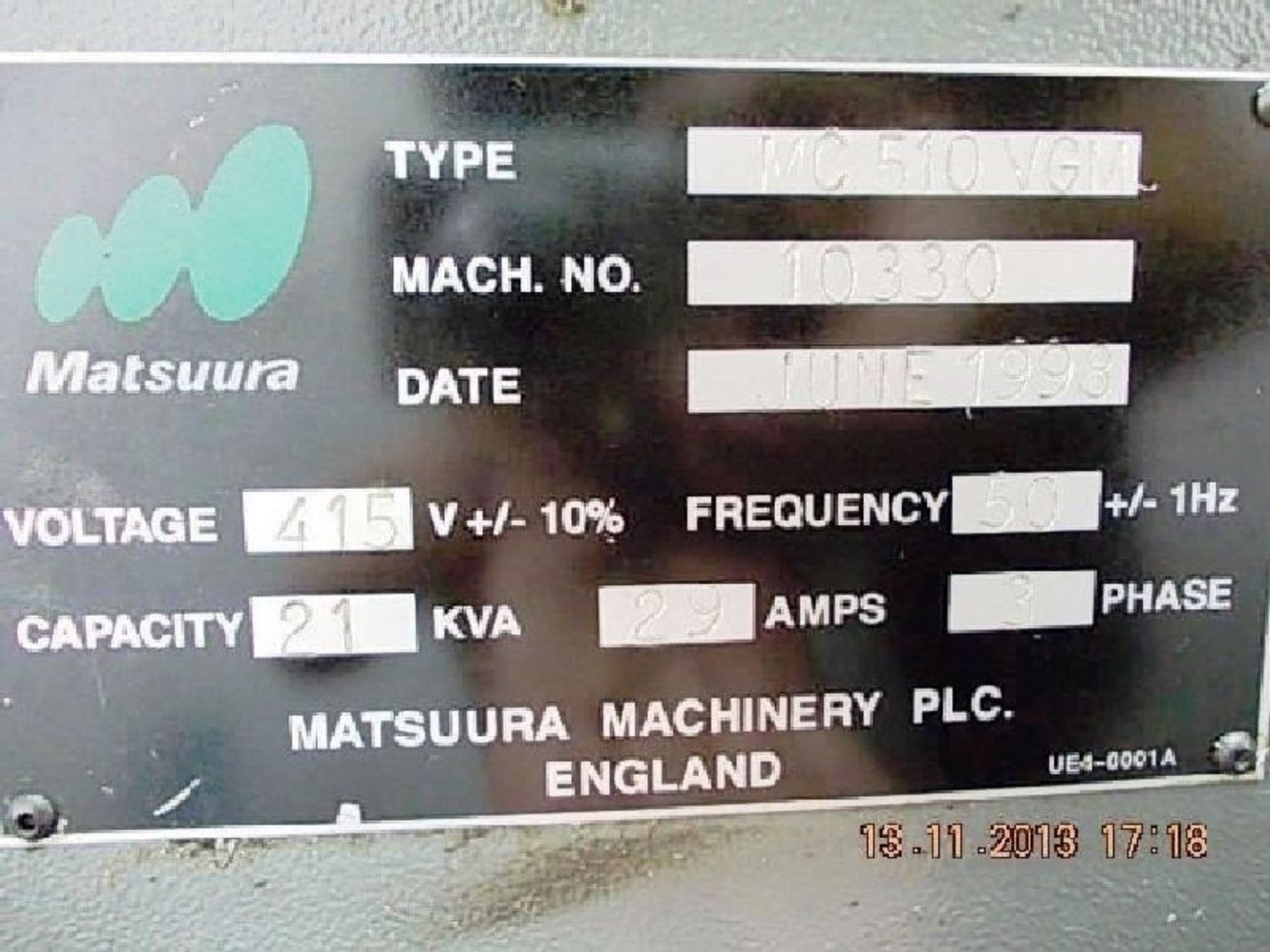 Matsuura MC-510 VGM 3-Axis Vertical Machining Center, S/N 10330, New 1998 General Specifications: - Image 4 of 4