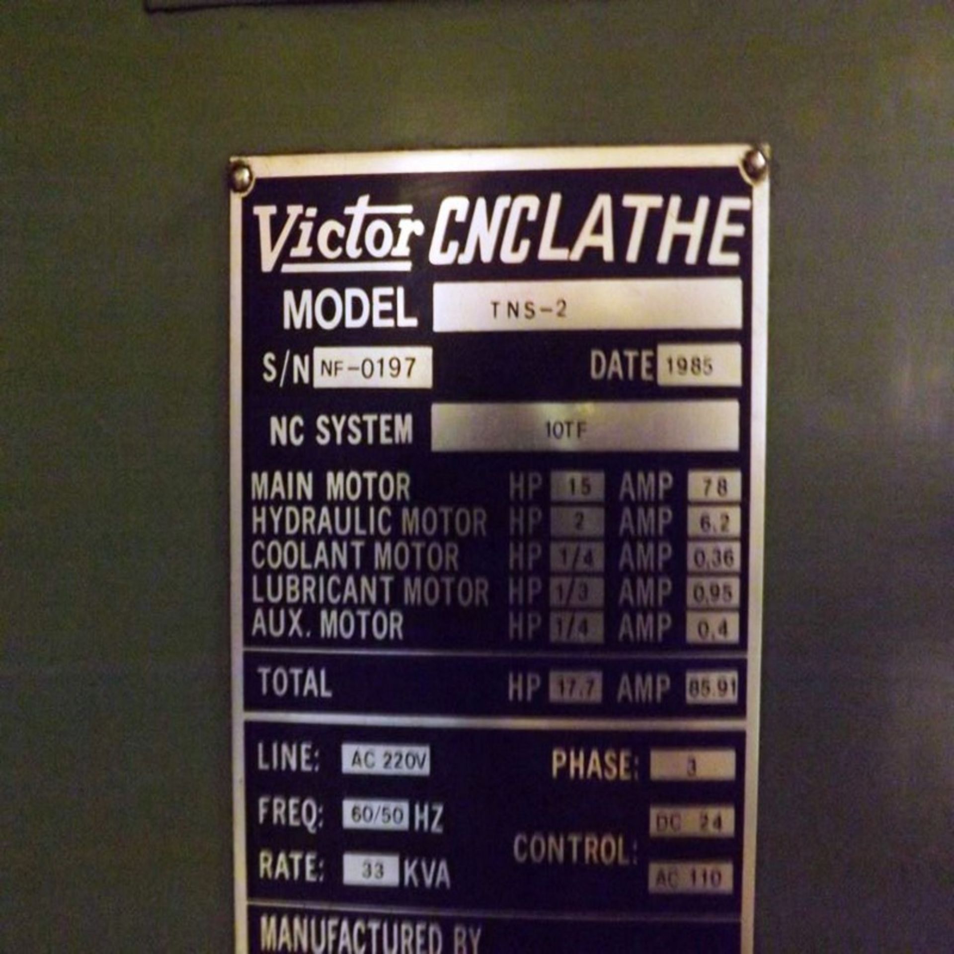 VICTOR MODEL TNS-2 CNC LATHE, S/N NF-0197, NEW 1985 - Image 8 of 8