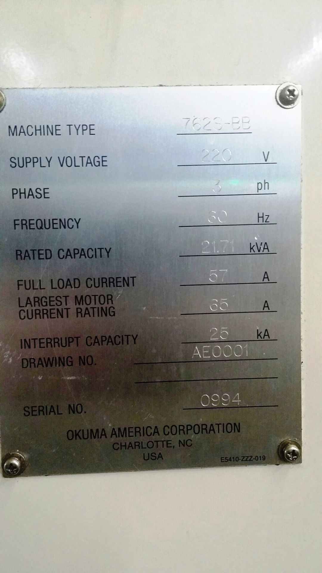 Okuma Crown-S762BB Big Bore 2-Axis CNC Turning Center, S/N 0994, New 1999 General Specifications, - Image 10 of 11