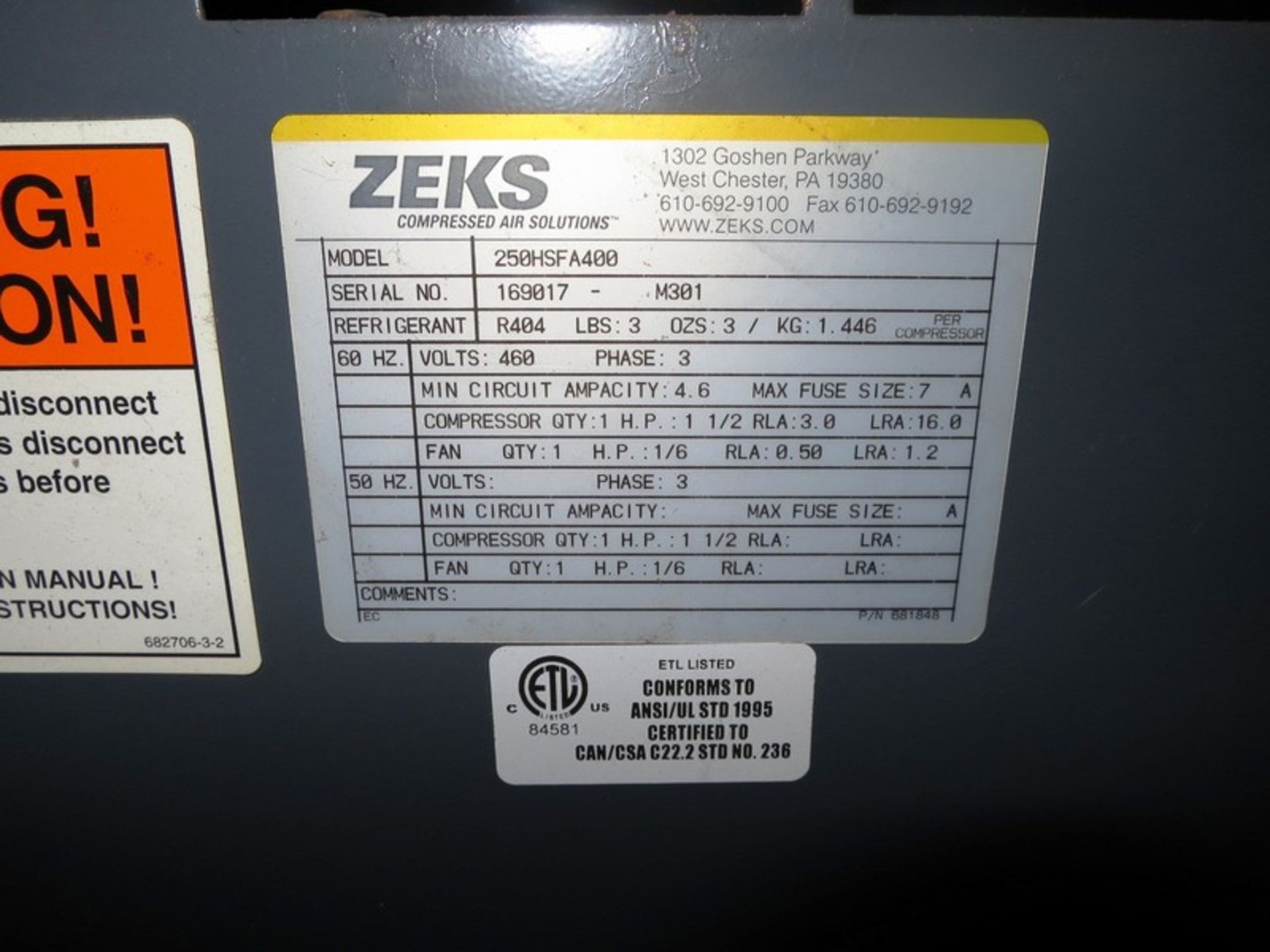 Zeks Model 250HSFA400 Air Dryer, S/N 169017-M301 - Image 2 of 2