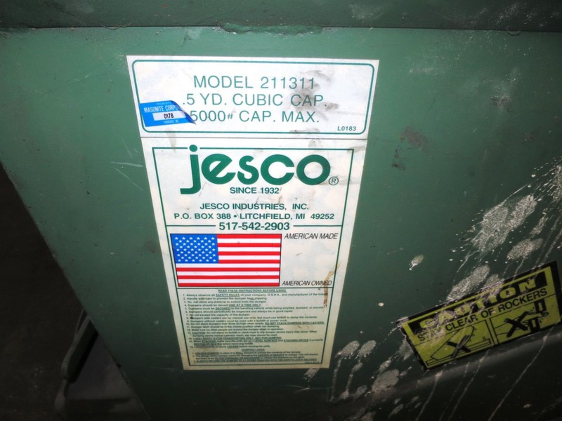 Jesco 0.5 Cubic Yard Lift Truck Hopper 5,000 lbs max capacity - Image 2 of 2