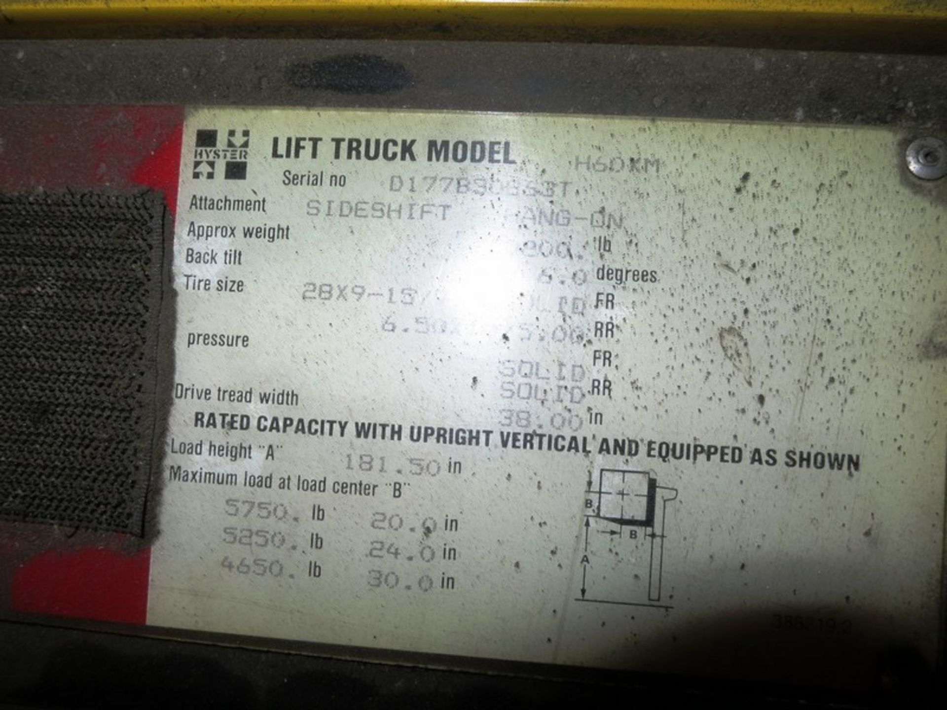 5,750 Hyster Model H60XM Lift Truck S/N: D177B30863T, Max Height 181", 1995 - Image 3 of 4