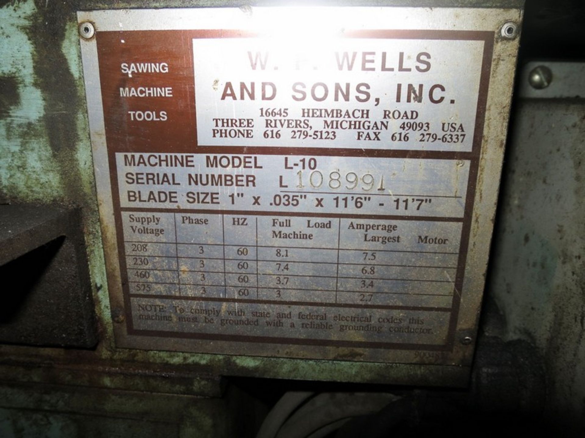 WF Wells Band Saw Model: L-10, S/N: 108991, 1" x 0.035" x 11'6" - 11'7" - Image 2 of 2