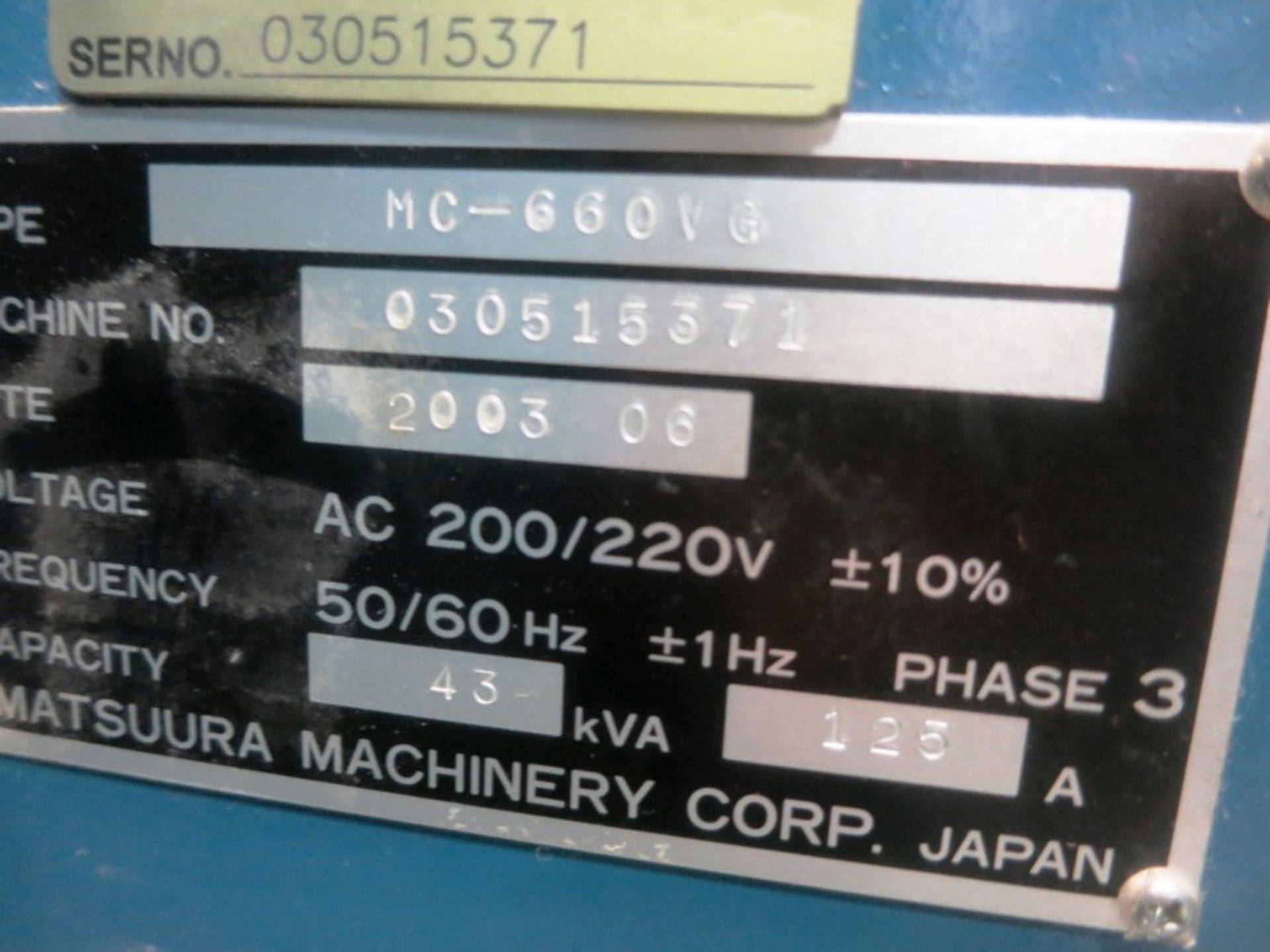 Matsuura Model MC-660VG 5-Axis CNC Vertical Machining Center, New 2003 - Image 10 of 12