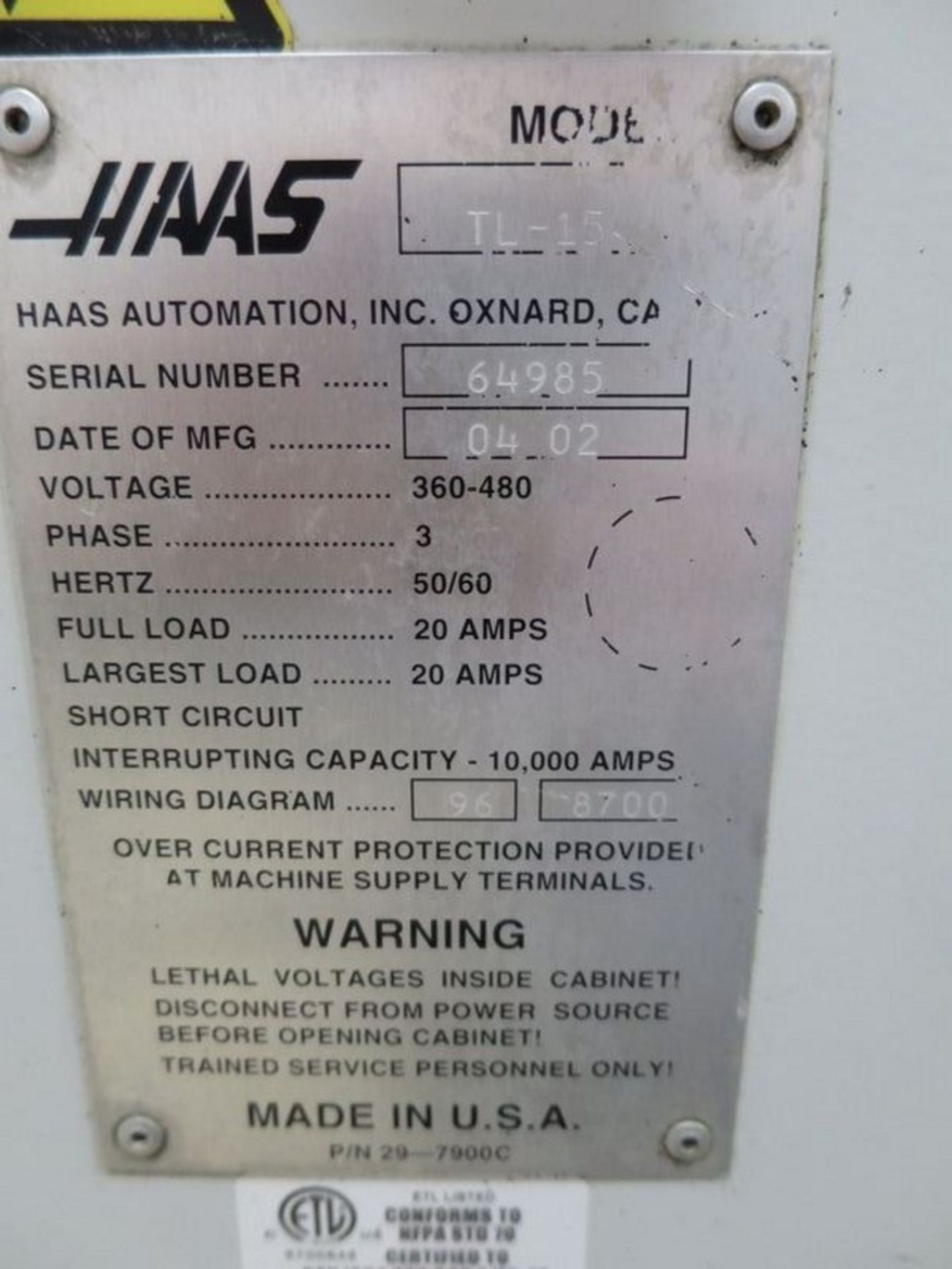 Haas TL-15 CNC Lathe With Sub-Spindle, S/N 64985, New 2002 General Specifications, Swing - Image 9 of 10