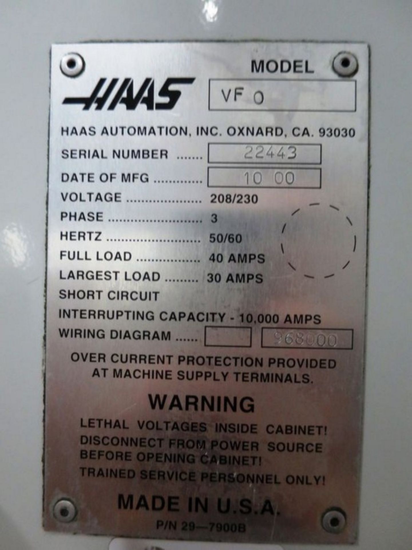 Haas VF-0 3-Axis CNC Vertical Machining Center, S/N 22443, New 2000 General Specifications, Axis - Image 7 of 7