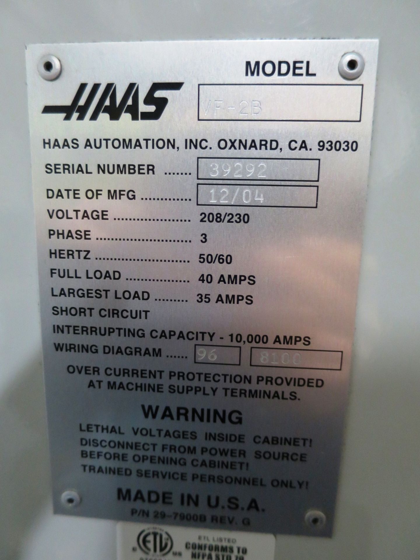 Haas VF-2B 4-Axis CNC Vertical Machining Center, S/N 39292, New 12/2004 General Specifications, X - Image 12 of 12