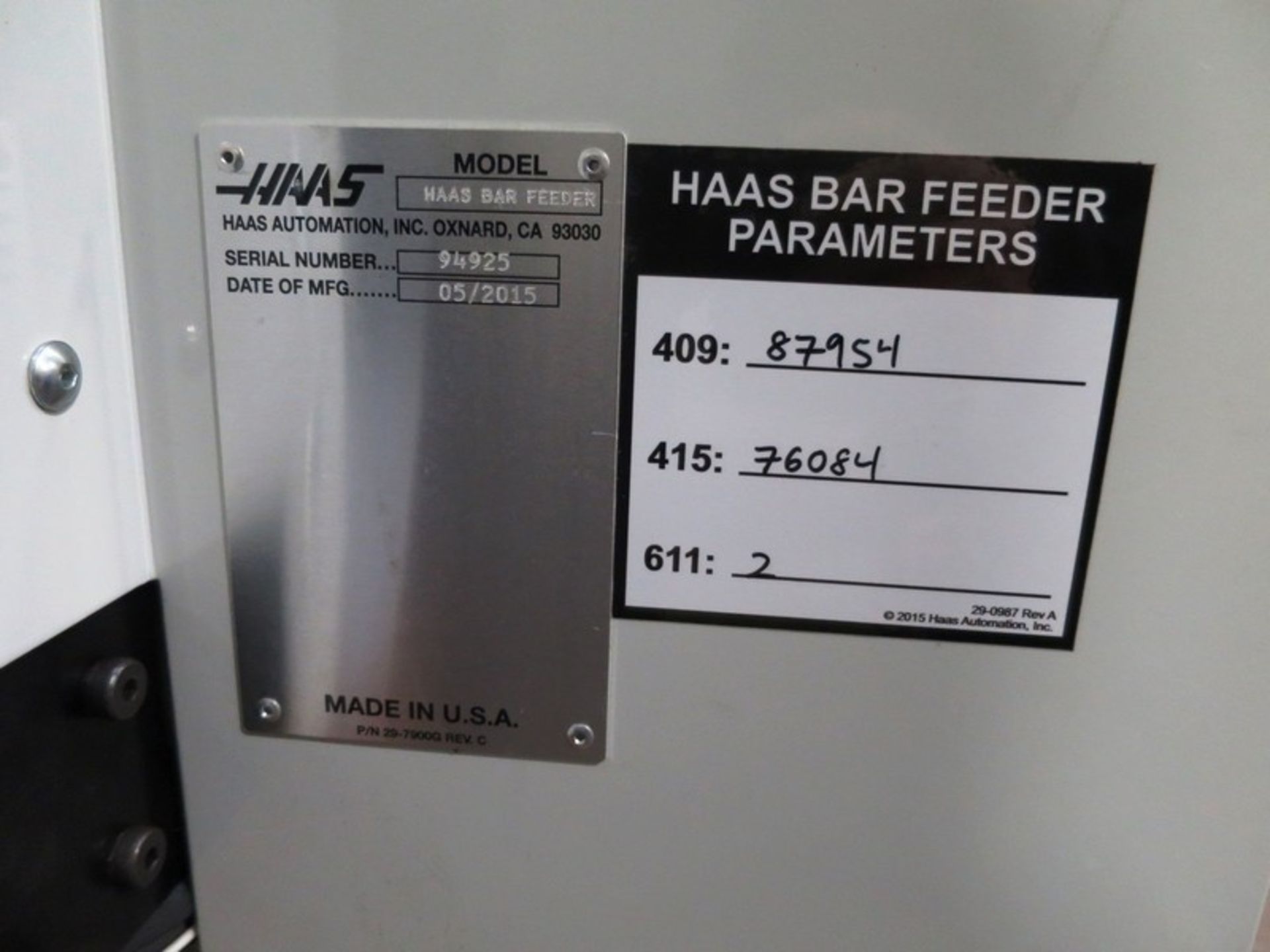3.125 Haas Servo Magazine Type Bar Feeder, S/N 94925, New 2015 General Specifications, Capacity ( - Image 4 of 5