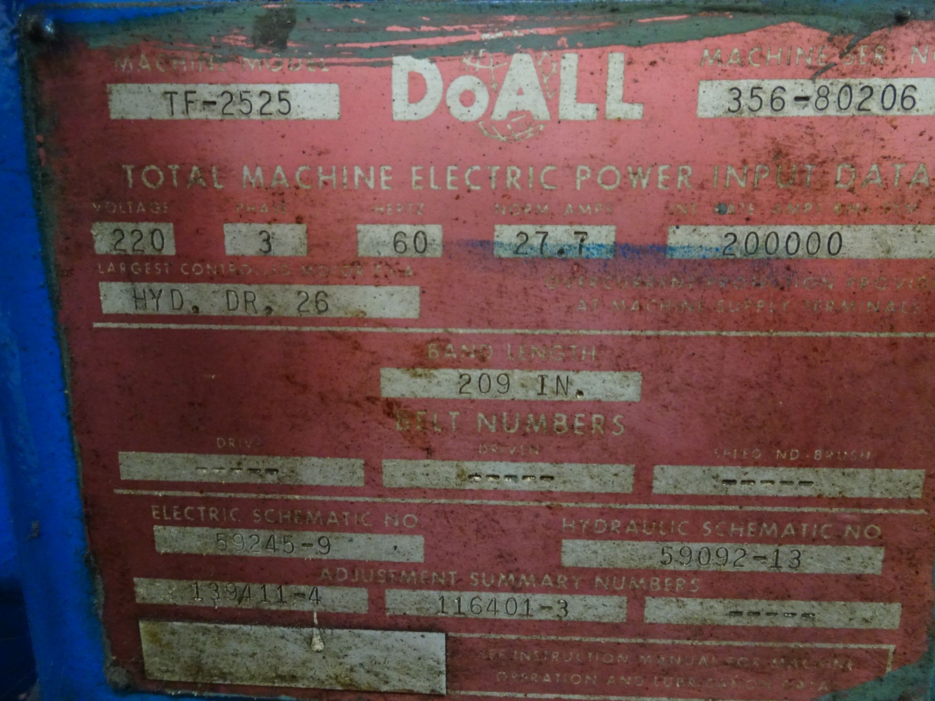 DoAll Model TF2525 Vertical Band Saw - Image 4 of 4