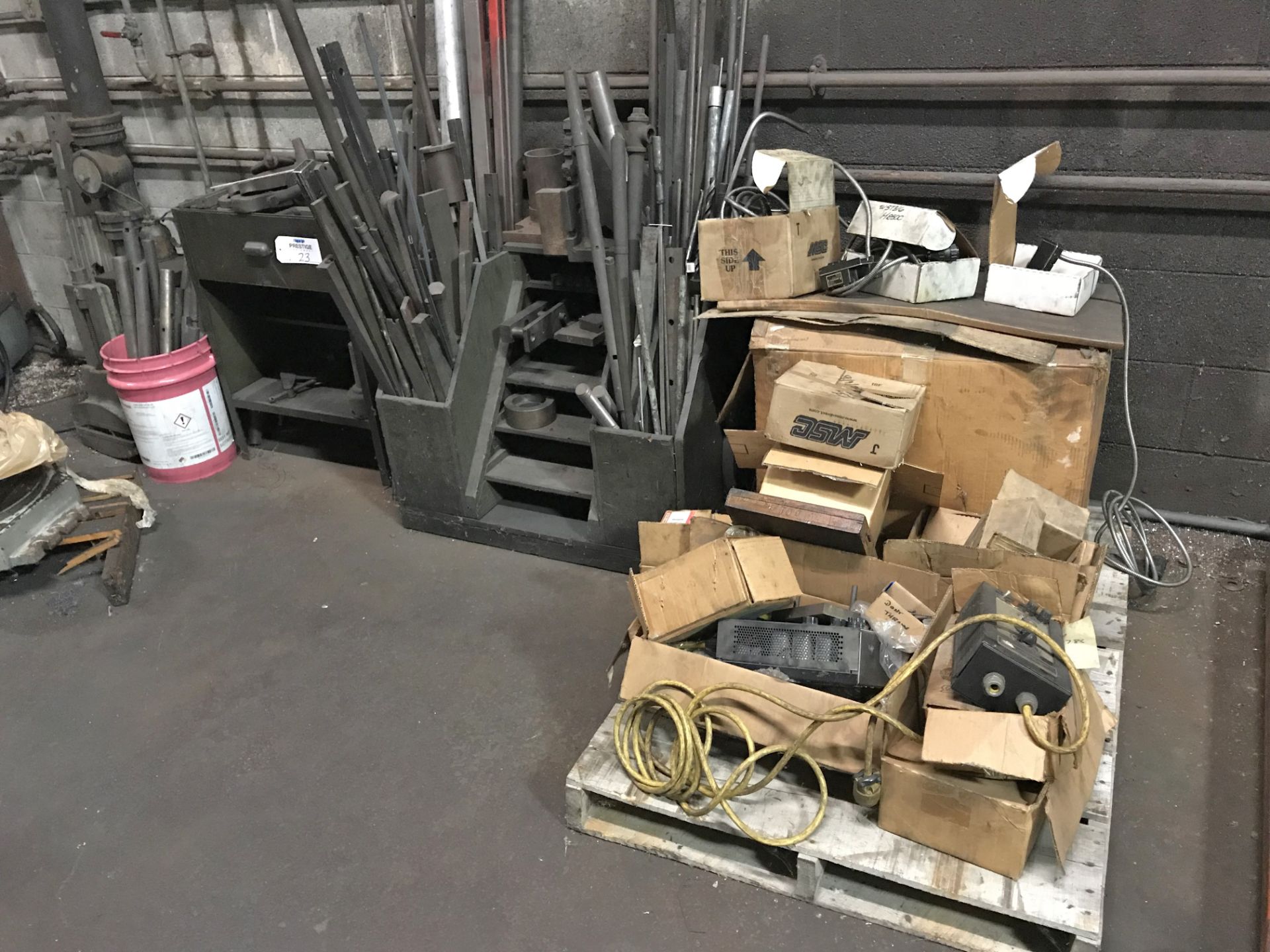 Assorted Clamps, Bars and Stock with Pallet of Misc. Items