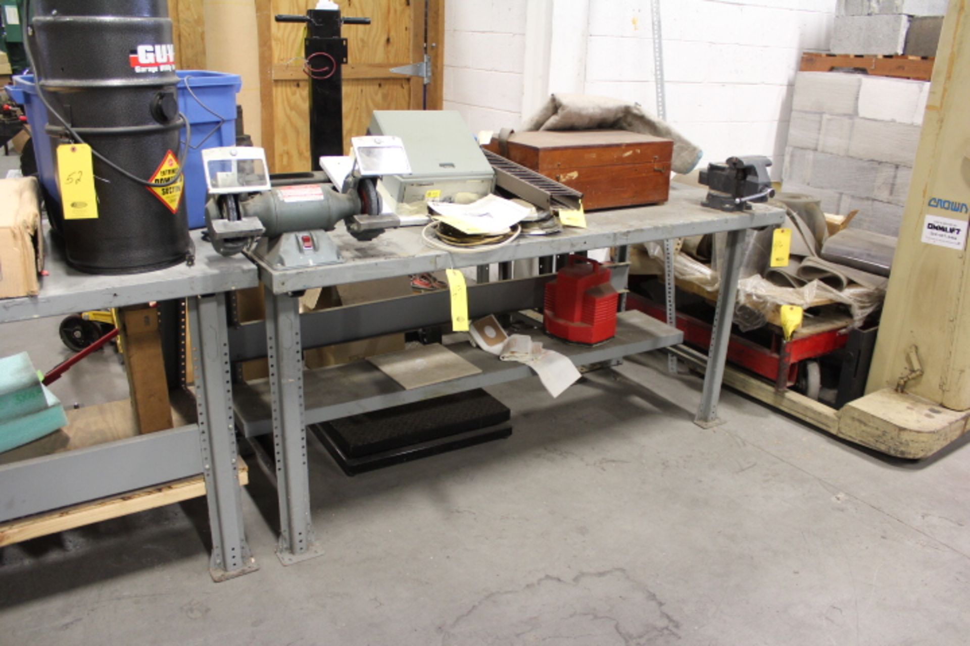 STEEL SHOP TABLE WITH VISE AND DE GRINDER