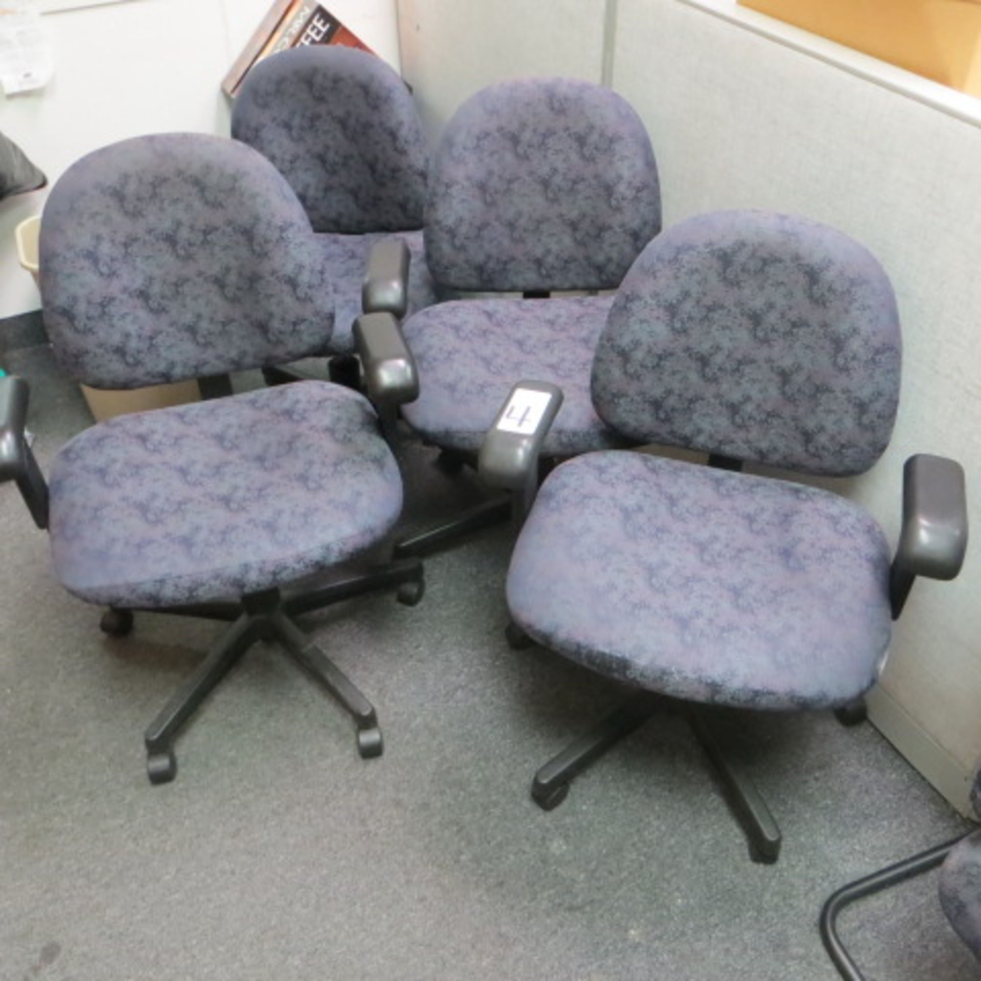 3 PURPLE & BLUE PRINT MGMT DESK & 1 STENO CHAIRS