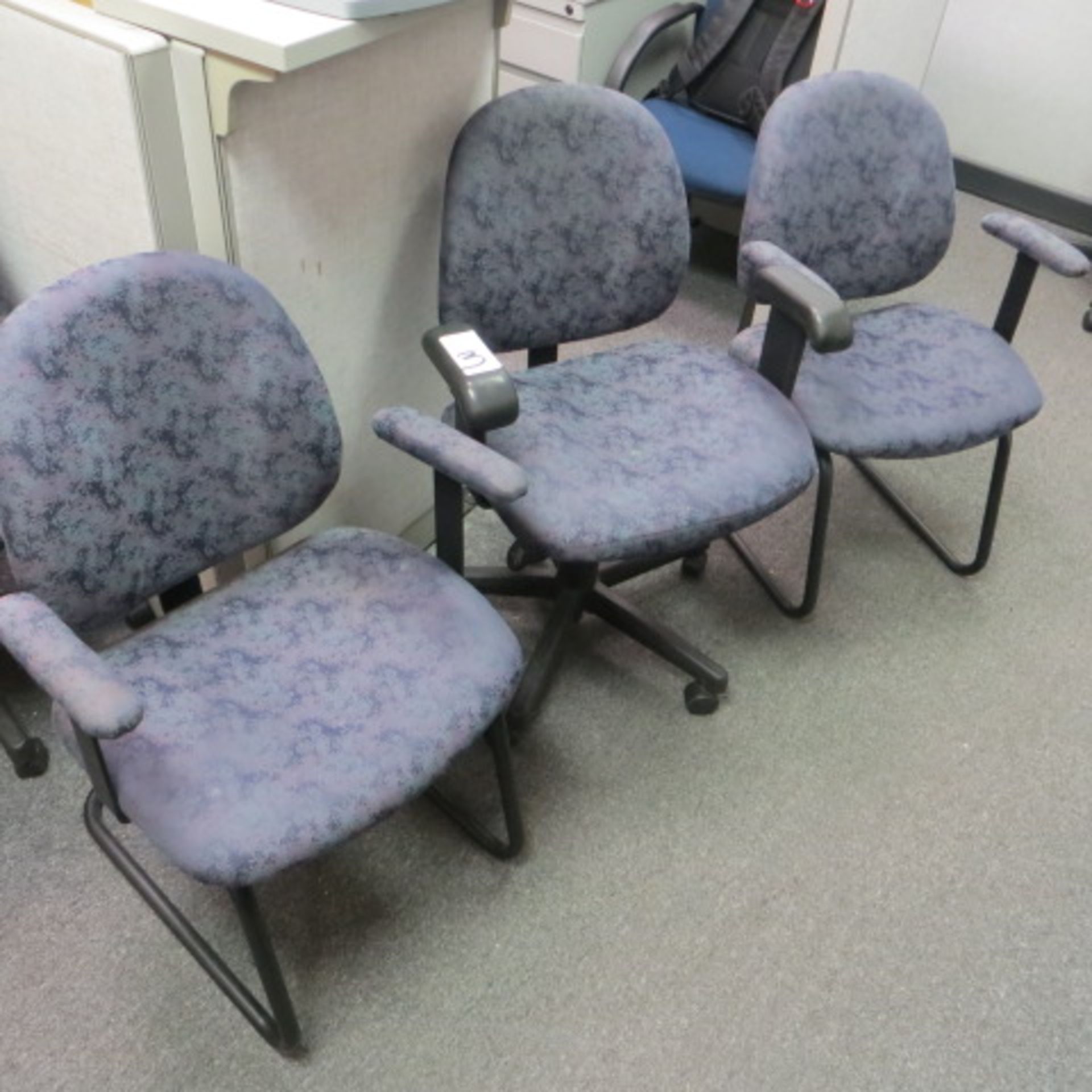 1 PURPLE & BLUE PRINT MGMT DESK & 2 SIDE CHAIRS