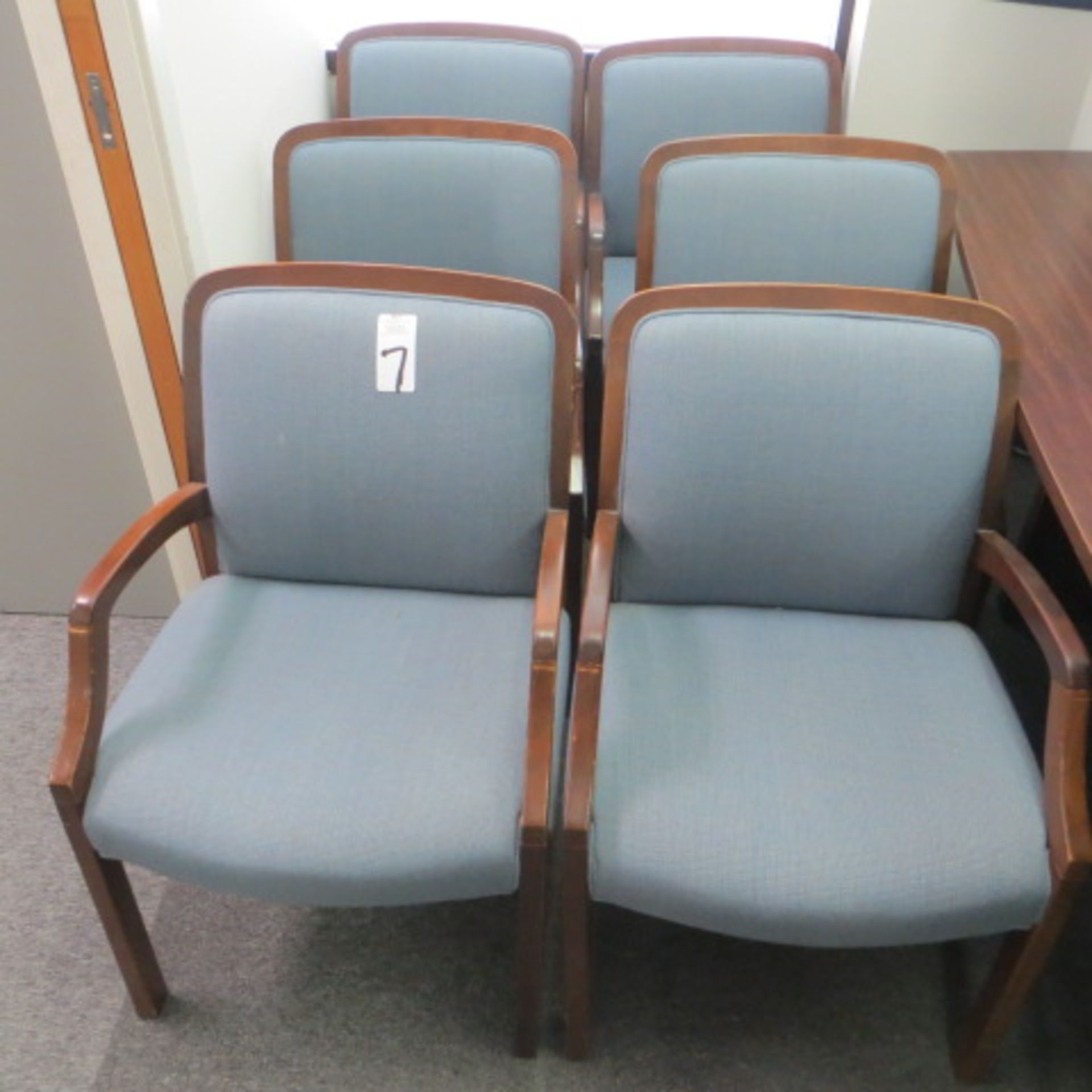 8 BLUE TWEED UPH SIDE WOOD ARM CHAIRS