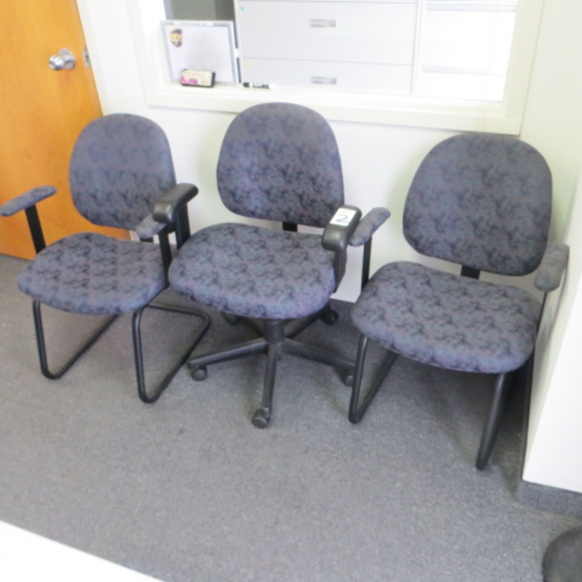 1 PURPLE & BLUE PRINT MGMT DESK & 2 SIDE CHAIRS