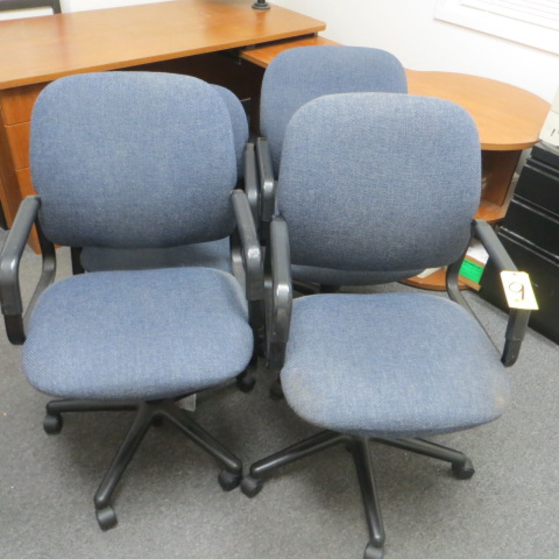 3 BLUE TWEED DESK & 1 SIDE ARM CHAIR