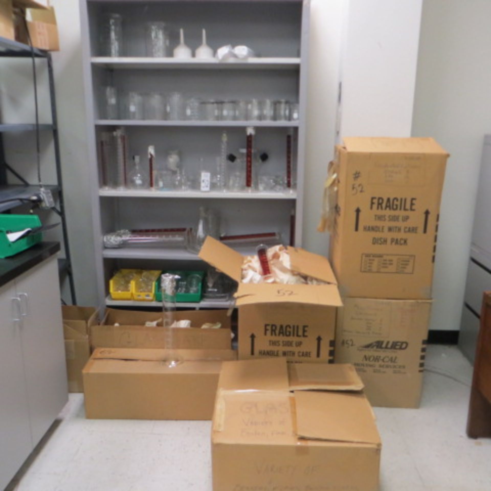 ASST. LAB GLASSWARE-GRADUATED CYLINDERS, BEAKERS, FLASKS, DISHES ETC.