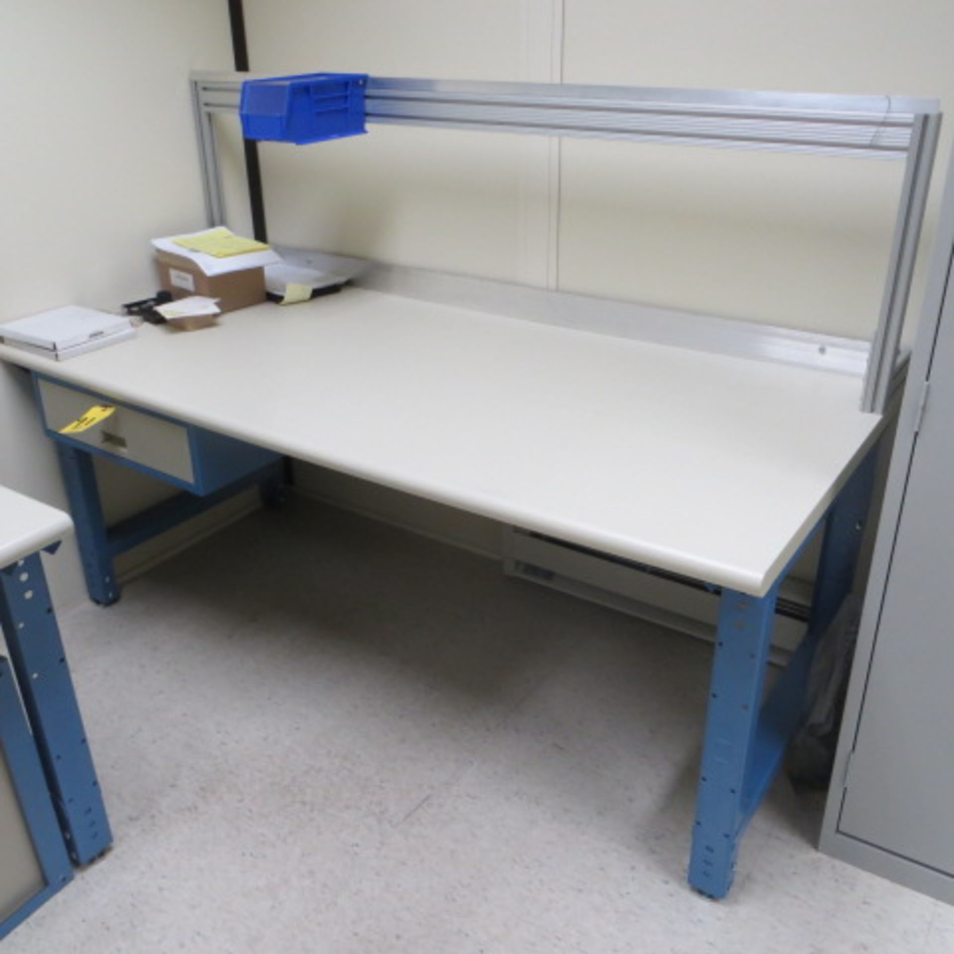 72" ELECTRONIC WORK BENCH W/ DRAWER & O/H BIN RAIL