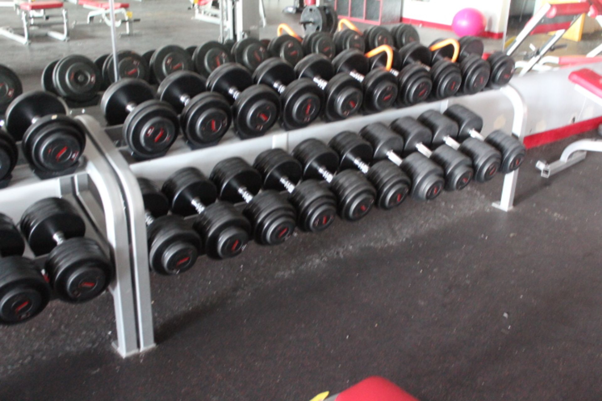 VINYL COVERED DUMBELLS-10 Lb to 120 Lb PAIRS (missing 20, 105 & 115 Lb pairs) & 2-DUMBELL RACKS - Image 2 of 2