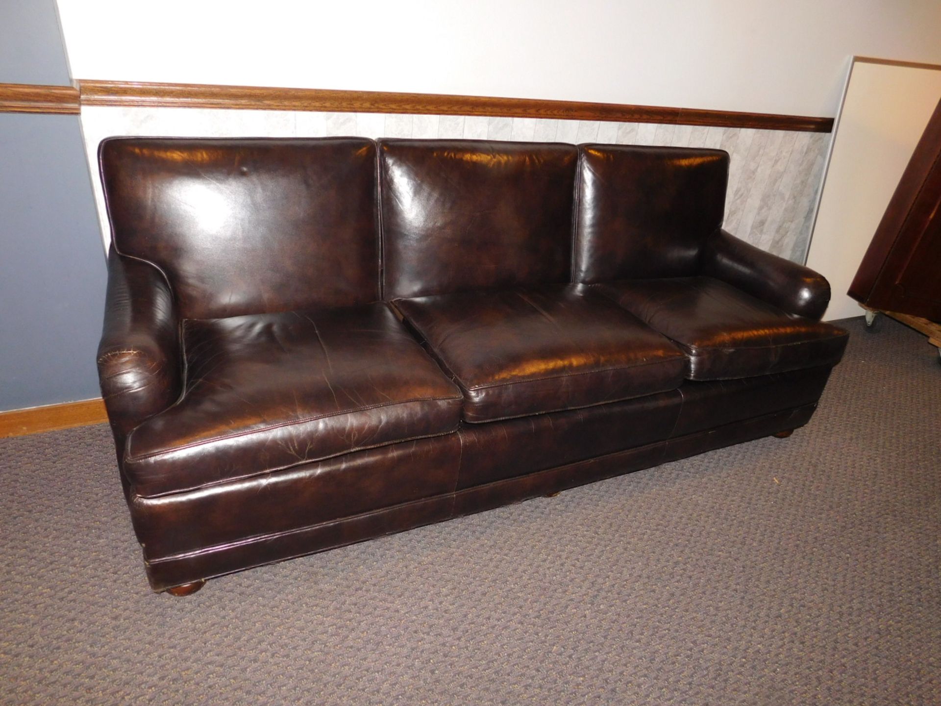 78" BROWN LEATHER 3 CUSHION SOFA - HIGH QUALITY LEATHER - NOT THE BONDED STUFF - EXCELLENT