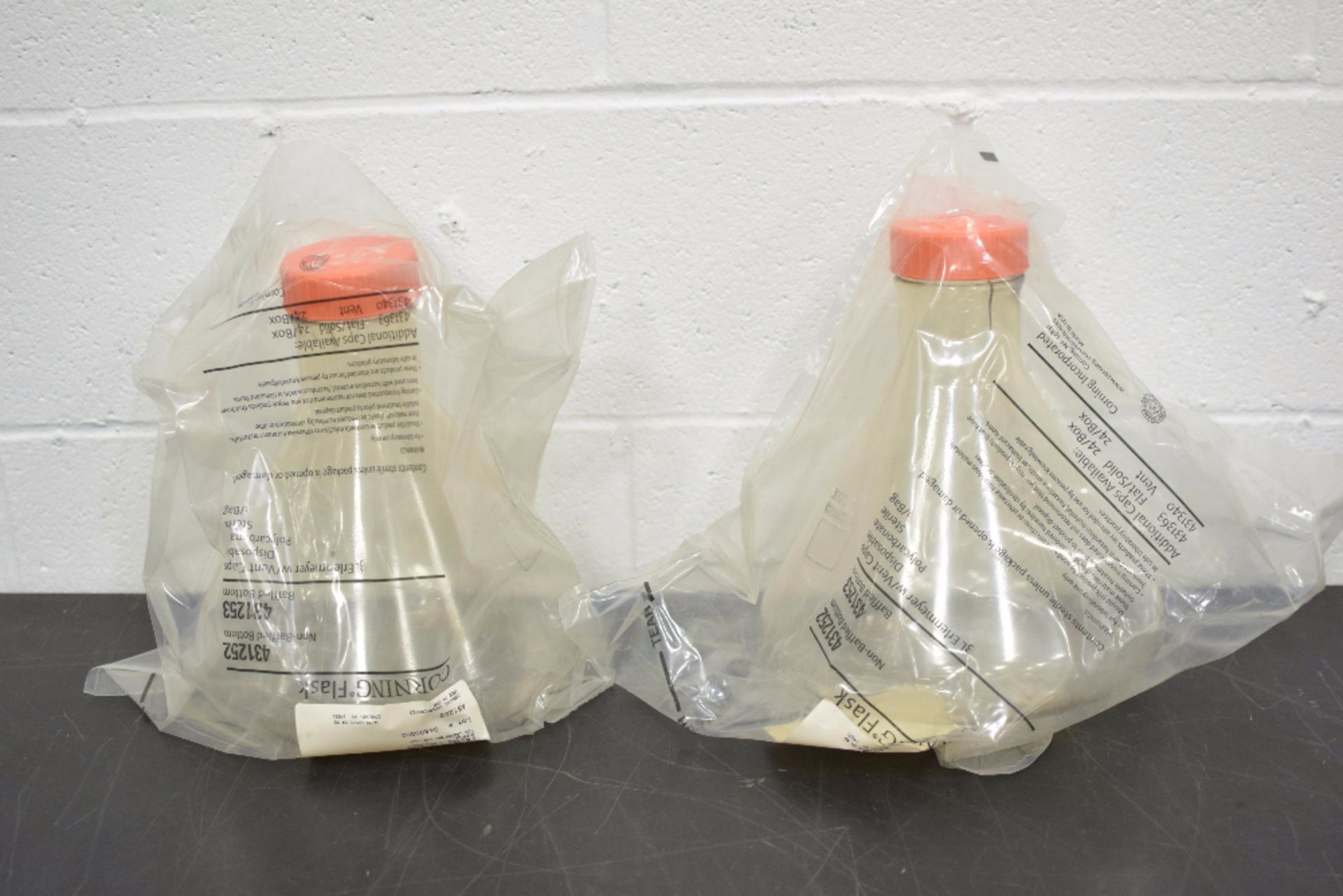 Lot of (2) Plastic Corning 3 Liter Erlenmeyer Flask with Vent Caps