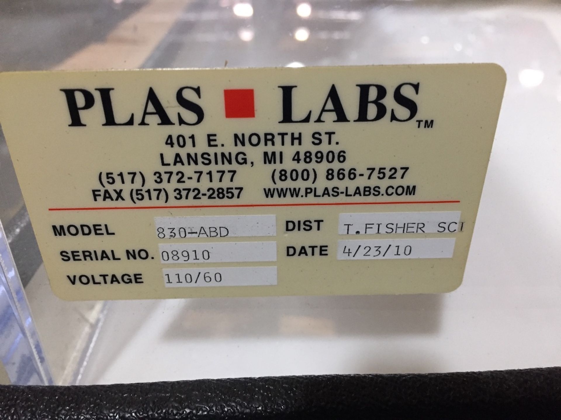 Plas-Labs Model 830-ABD 3-Glove Isloation Chamber - Image 2 of 3