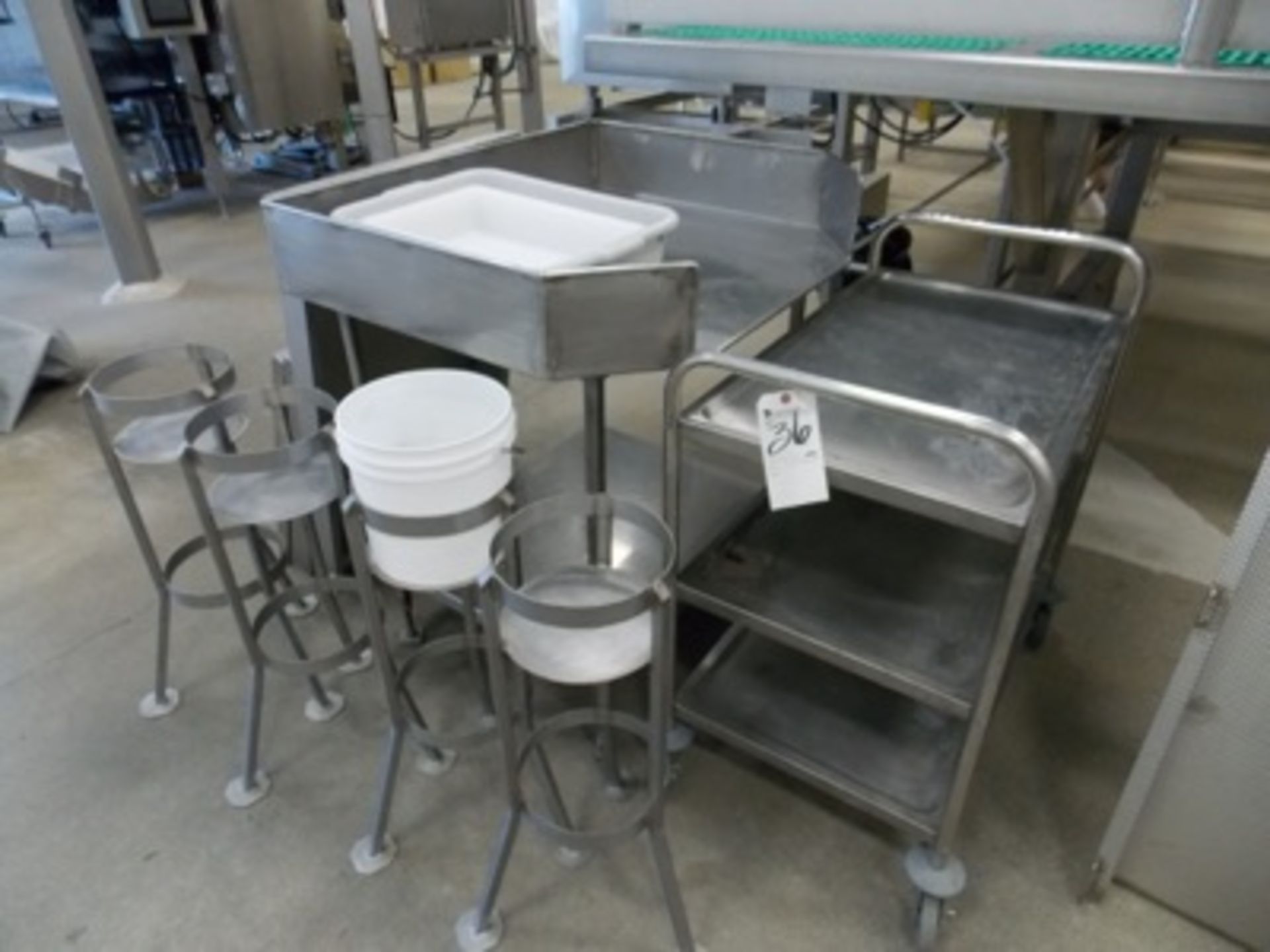 (Lot) S.S. Tables, Bucket Stands & Cart