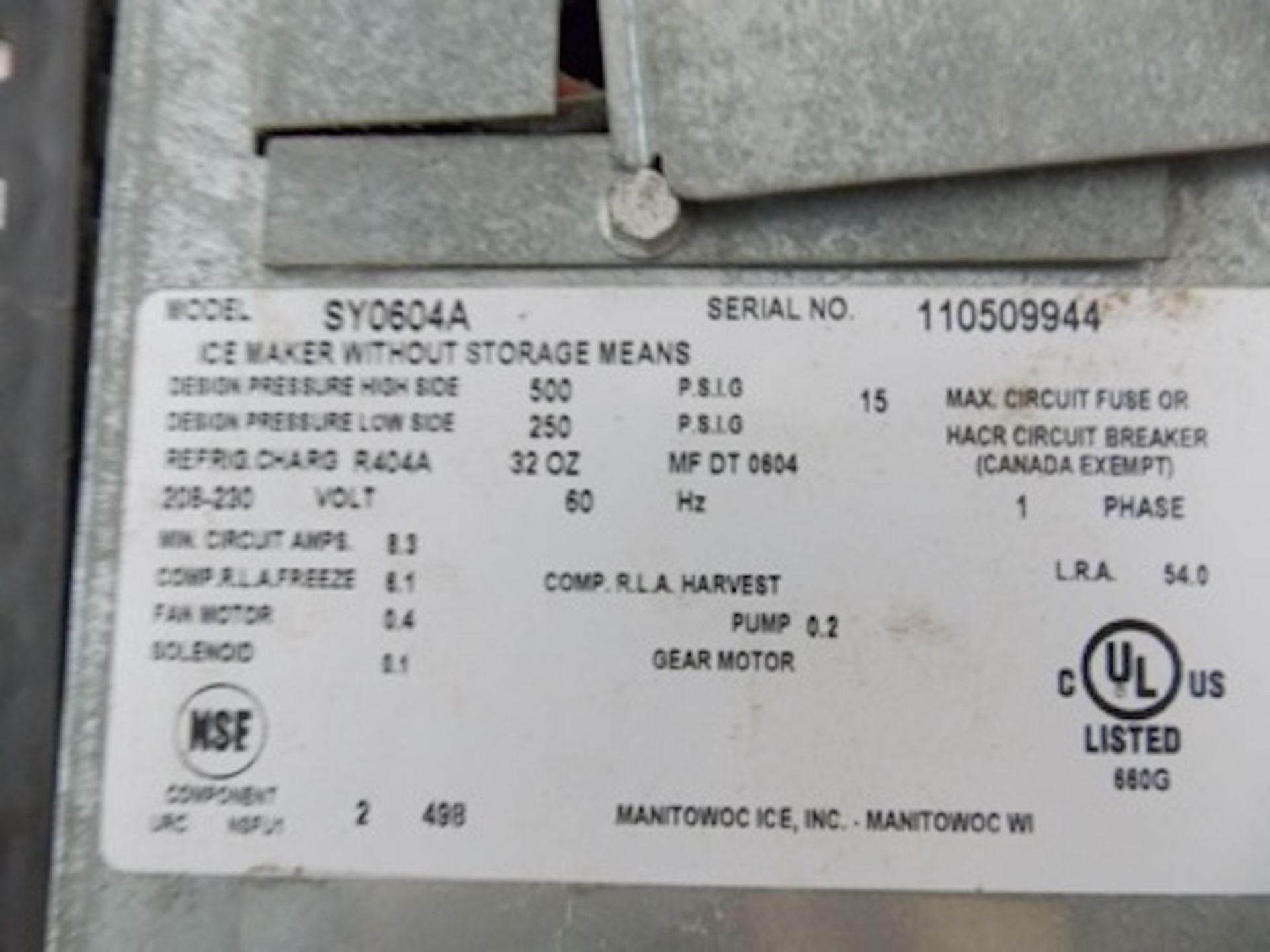 Maitowoc mod. SY0604A Ice Maker, 208/230 Volts; S/N 110509944 - Image 2 of 3