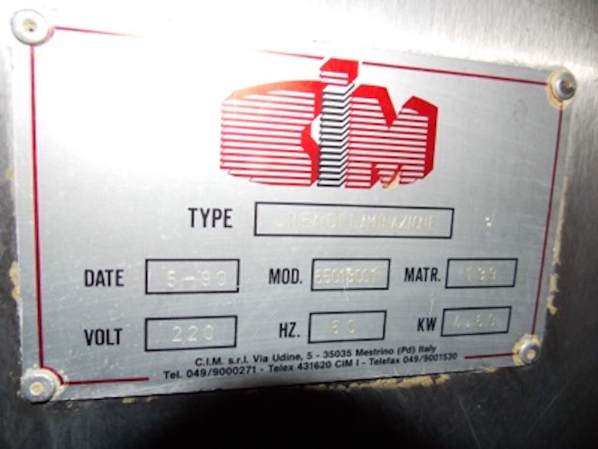 (1990) CIM mod. Linea Di Laminazione 65013001 5-Station Sheeter, 220 Volts, 60 Hz, 4.60 KW; S/N 139 - Image 4 of 4