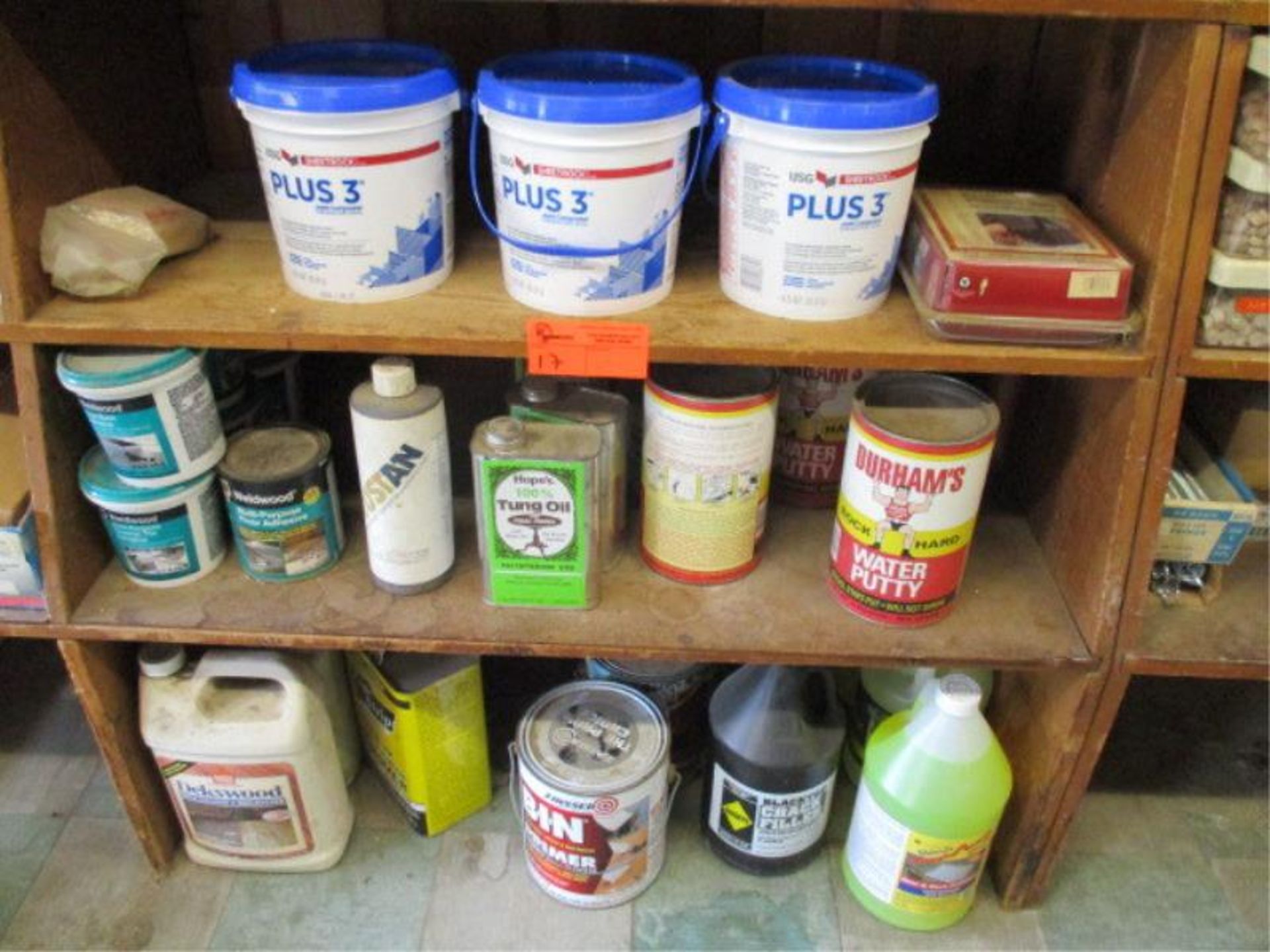 3 Shelves w/ Joint Compound, Water Putty, Tung Oil, Floor Adhesive, Deck Cleaner, Zip-Strip, B-I-N - Image 2 of 10