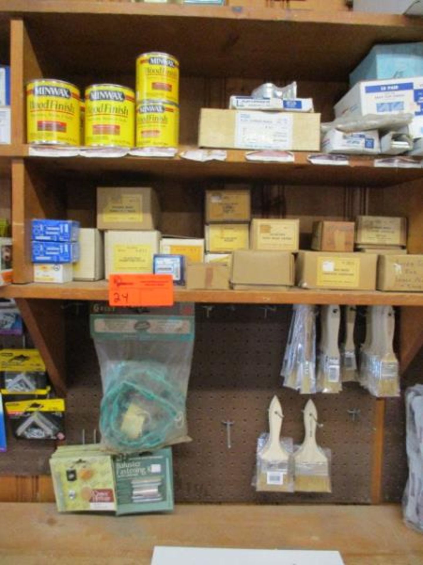 2 Shelves / Peg Board w/ Wood Stains, Flat Corner Irons, Back Flap Hinges, Mending Plates, Finishing