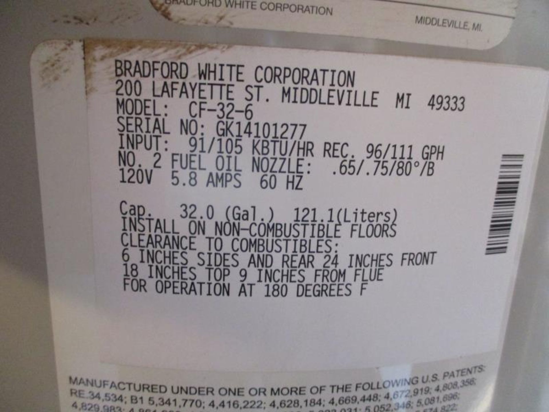 Bradford White Aero Series Water Heater, Model: CF32-6, SN: GK14101277, 32 Gallon, (Not in Use - - Image 2 of 6