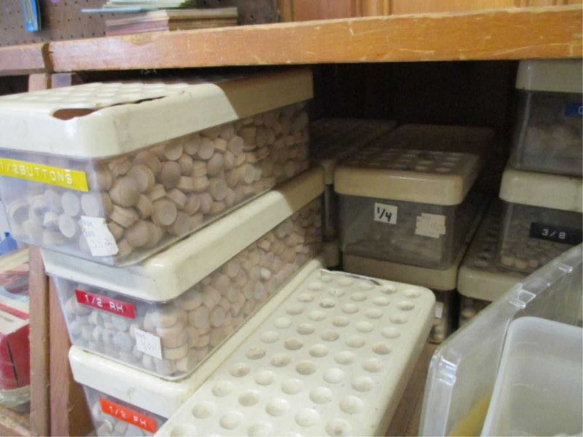 2 Shelves w/ Assorted Size Buttons, Dowel Pins, Door & Gate Springs, 1/2" Chip Brushes, Sash - Image 8 of 8