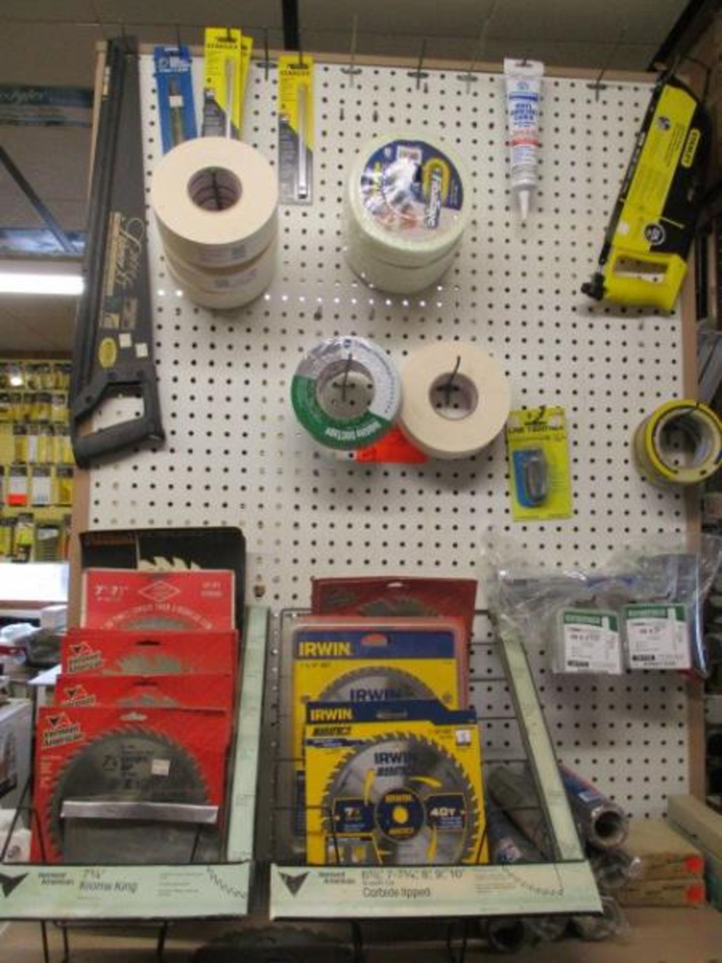 Peg Board / Shelf w/ Assorted Tape, Hand Saw, Coping Saw Blades, Circular Saw Blades, Hack Saw, Line