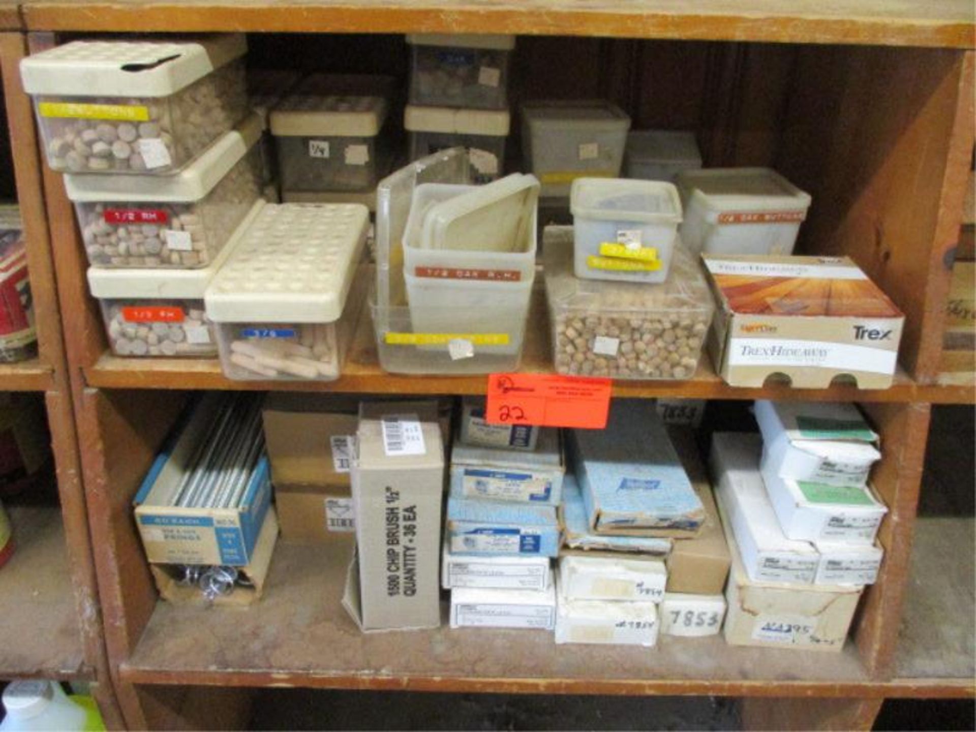 2 Shelves w/ Assorted Size Buttons, Dowel Pins, Door & Gate Springs, 1/2" Chip Brushes, Sash - Image 2 of 8