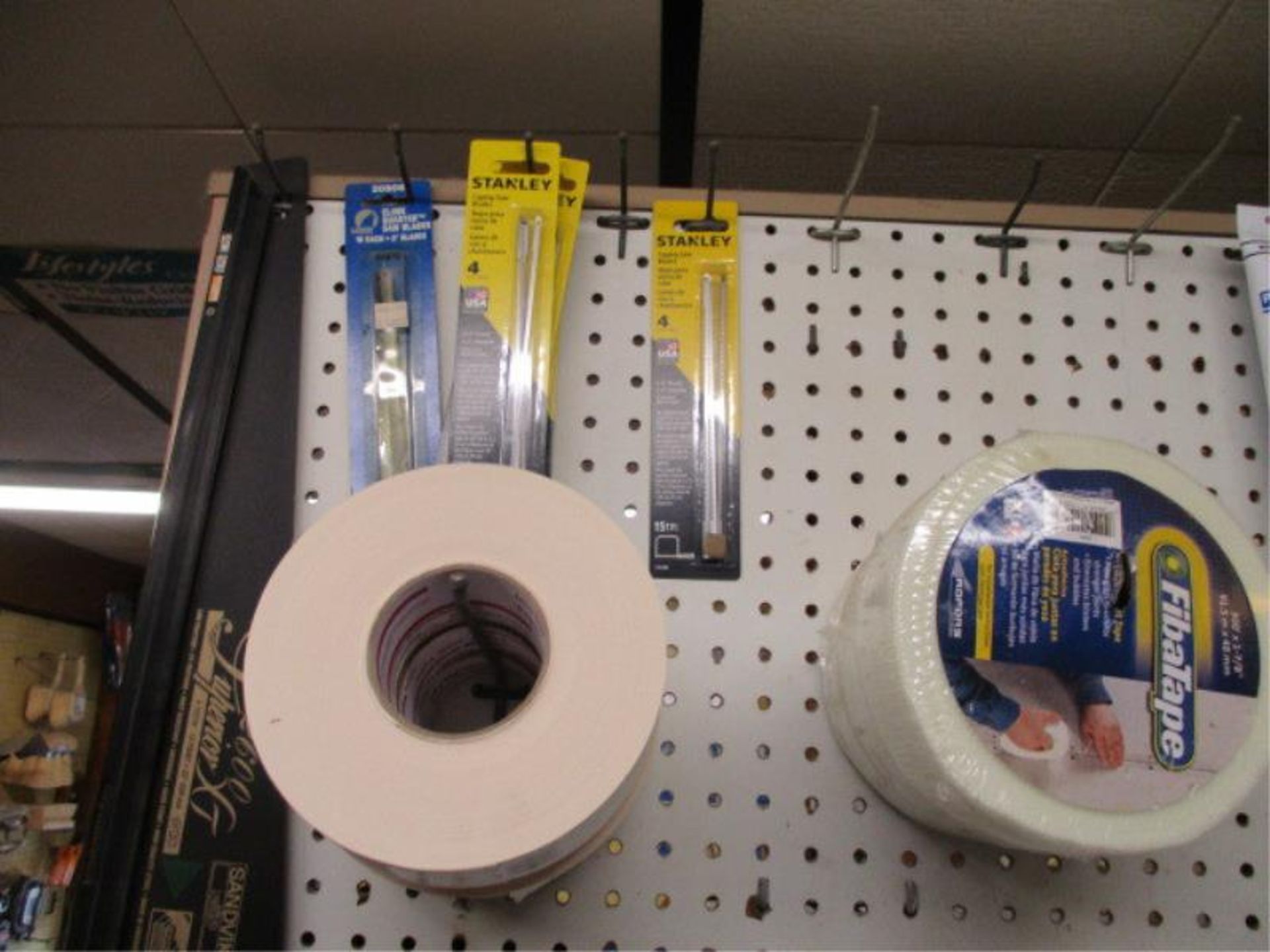 Peg Board / Shelf w/ Assorted Tape, Hand Saw, Coping Saw Blades, Circular Saw Blades, Hack Saw, Line - Image 5 of 10