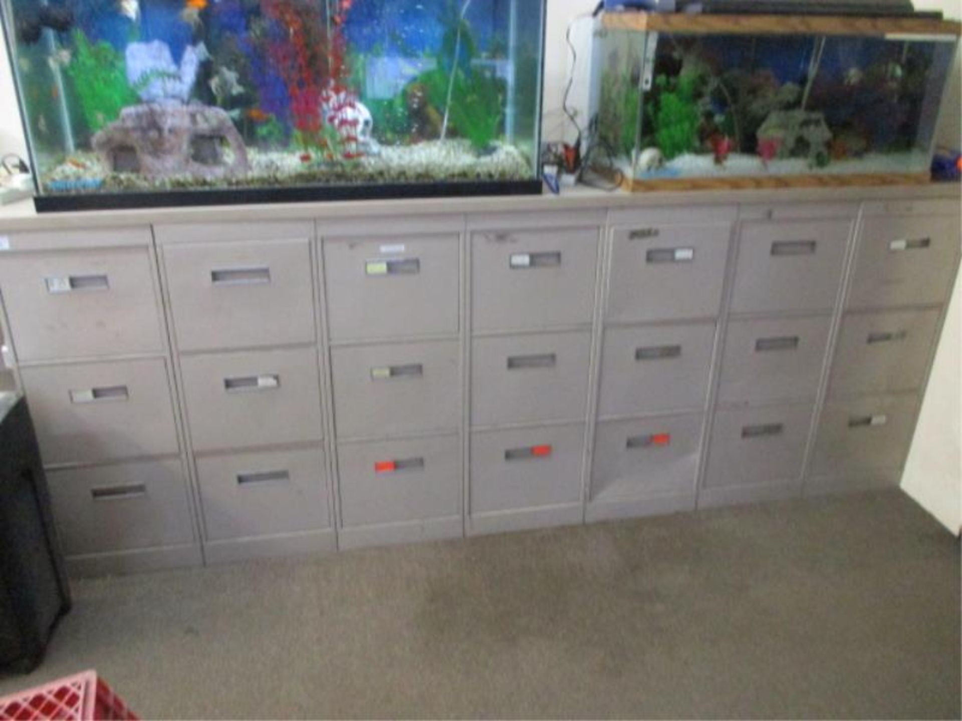 (7) Three Drawer Metal File Cabinet